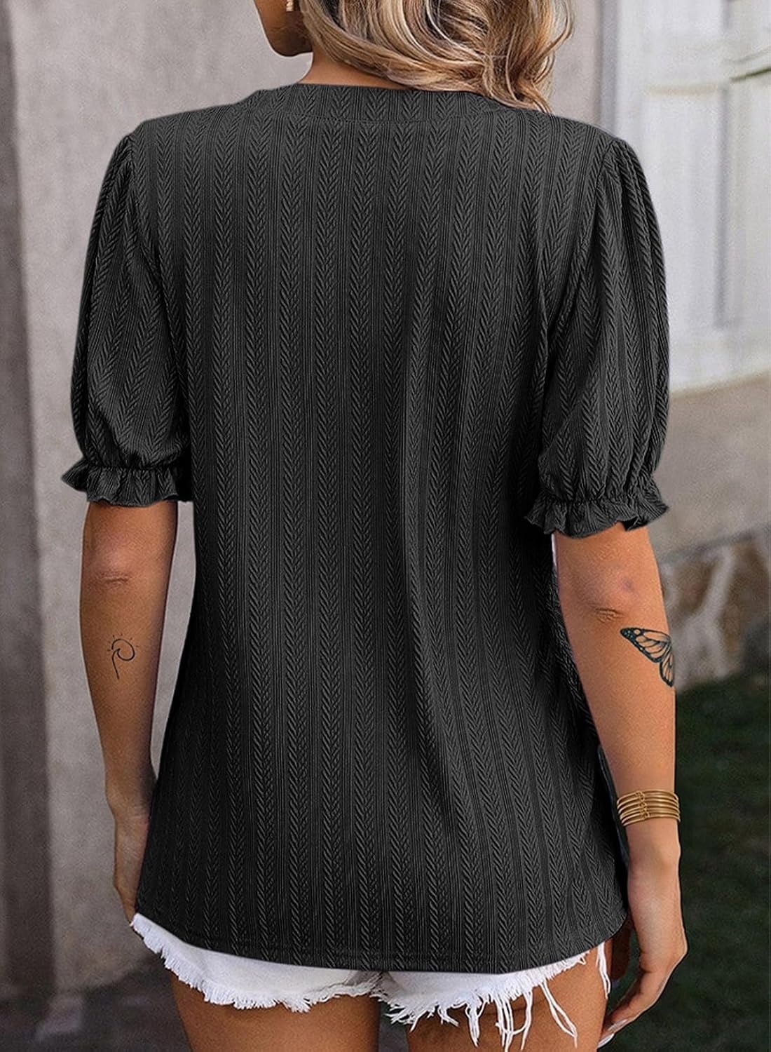 image:imageDokotoo Womens Summer Short Puff Sleeves Blouses Shirts V Neck Cute Solid Knit Textured Casual Regular Fit TopsBlack