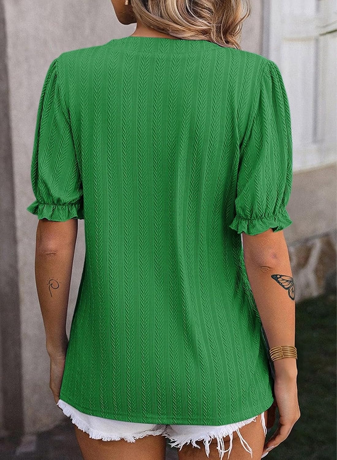 image:imageDokotoo Womens Summer Short Puff Sleeves Blouses Shirts V Neck Cute Solid Knit Textured Casual Regular Fit TopsBright Green