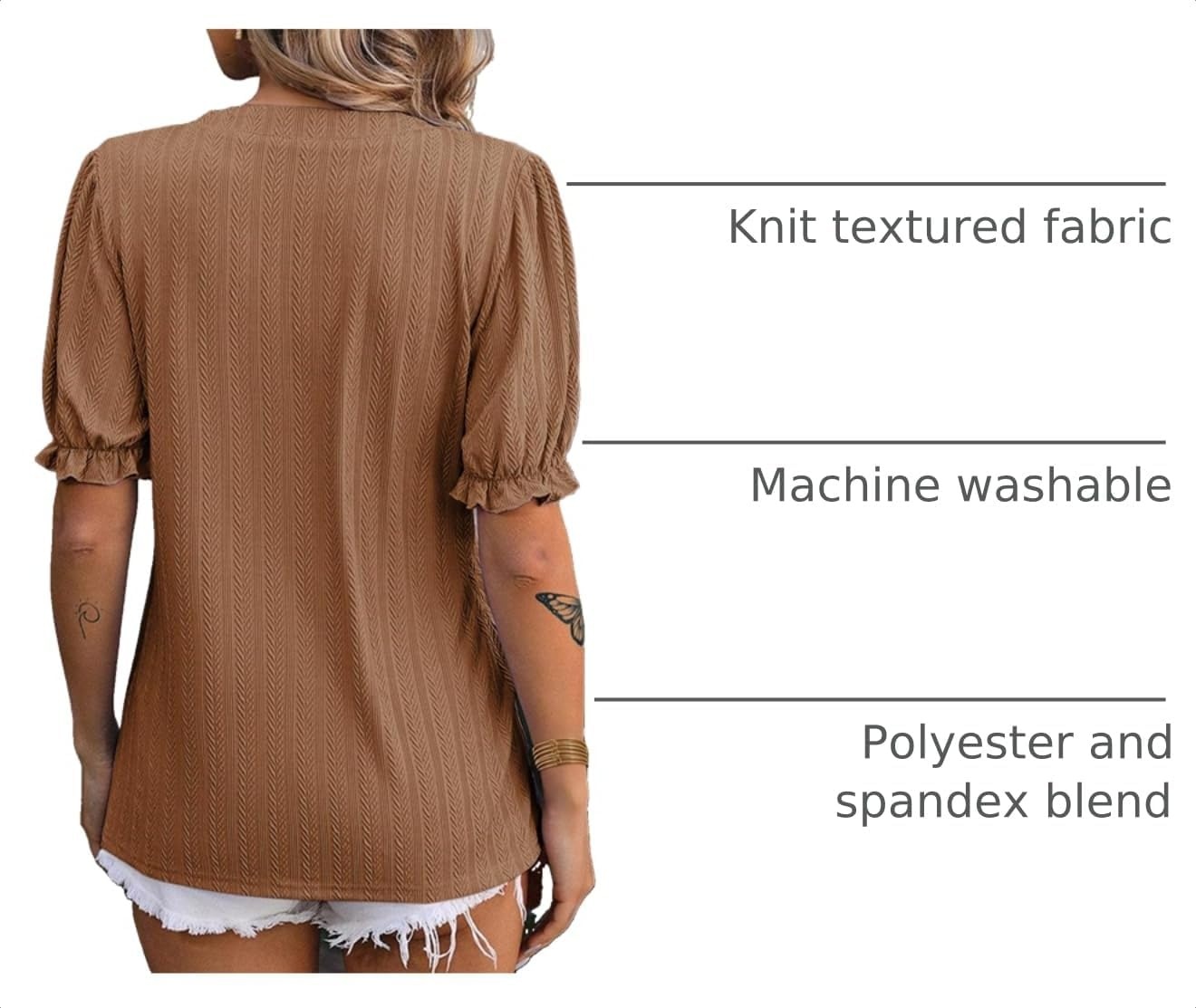 image:imageDokotoo Womens Summer Short Puff Sleeves Blouses Shirts V Neck Cute Solid Knit Textured Casual Regular Fit TopsChestnut