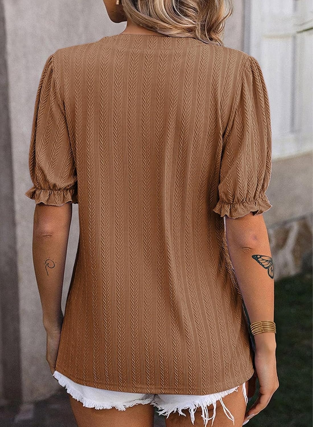 image:imageDokotoo Womens Summer Short Puff Sleeves Blouses Shirts V Neck Cute Solid Knit Textured Casual Regular Fit TopsChestnut