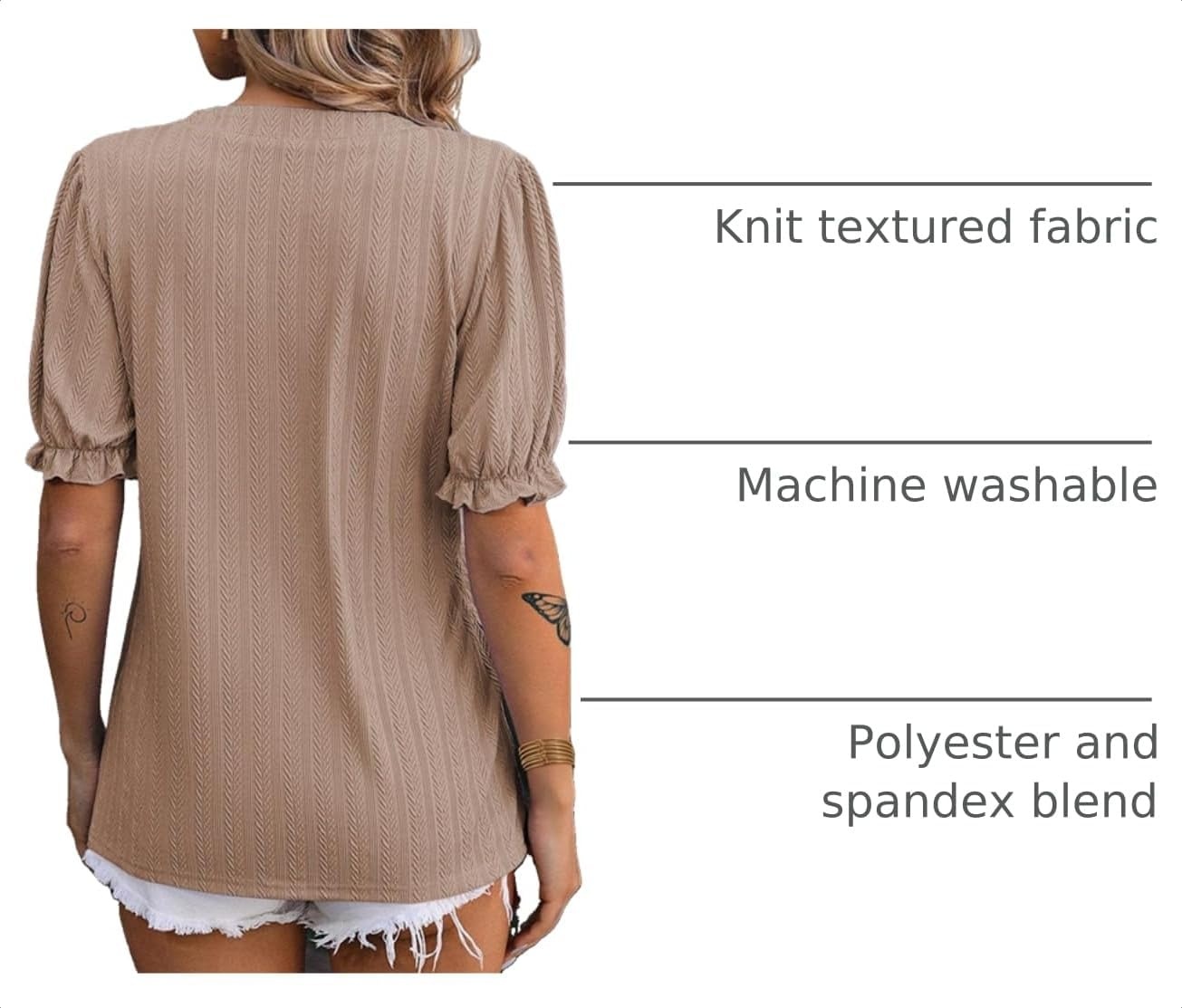 image:imageDokotoo Womens Summer Short Puff Sleeves Blouses Shirts V Neck Cute Solid Knit Textured Casual Regular Fit TopsLight French Beige