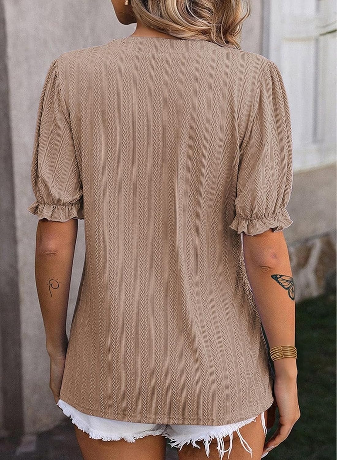 image:imageDokotoo Womens Summer Short Puff Sleeves Blouses Shirts V Neck Cute Solid Knit Textured Casual Regular Fit TopsLight French Beige