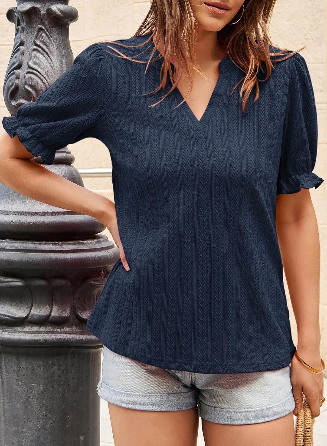 image:imageDokotoo Womens Summer Short Puff Sleeves Blouses Shirts V Neck Cute Solid Knit Textured Casual Regular Fit TopsNavy Blue