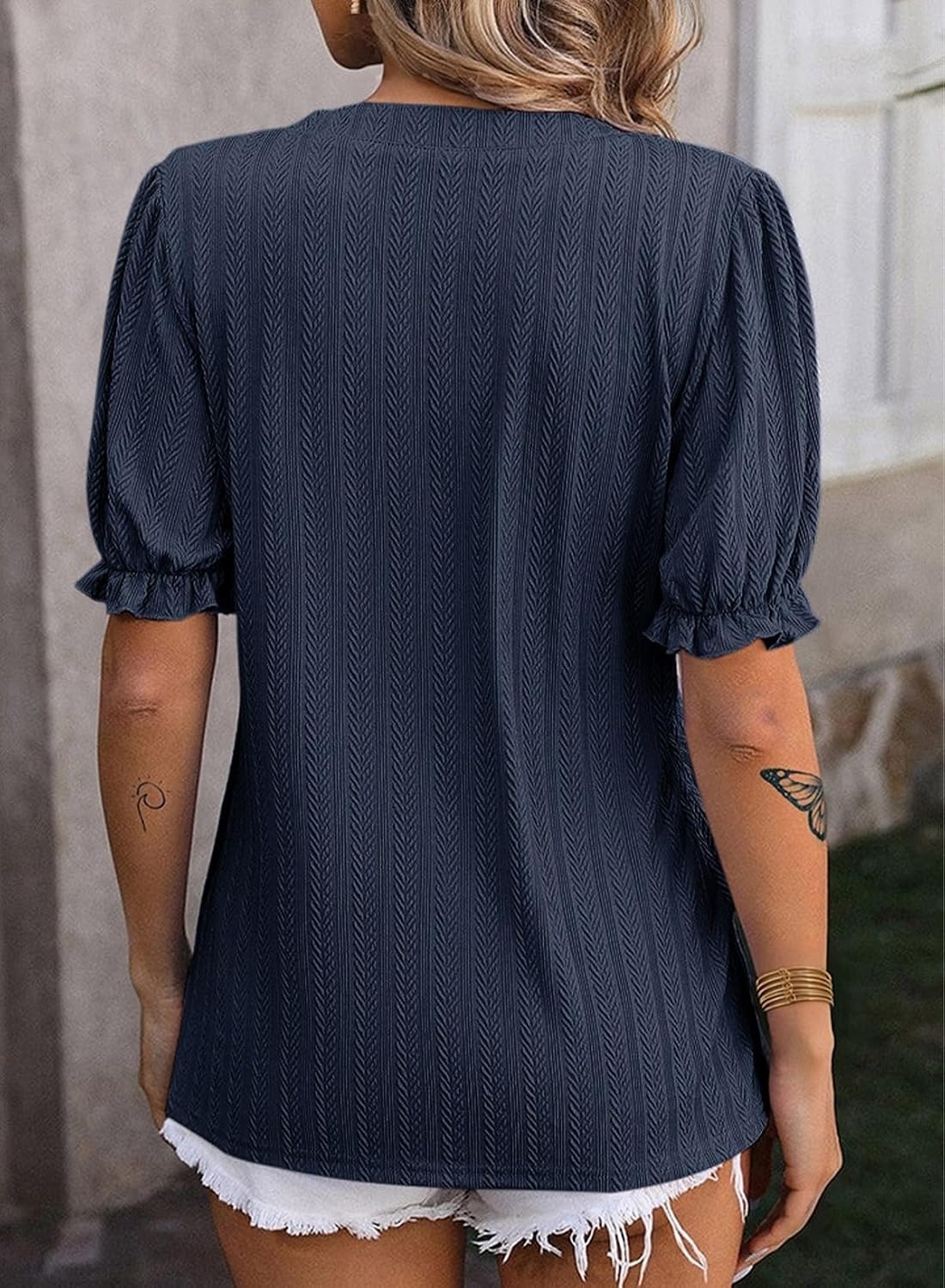 image:imageDokotoo Womens Summer Short Puff Sleeves Blouses Shirts V Neck Cute Solid Knit Textured Casual Regular Fit TopsNavy Blue