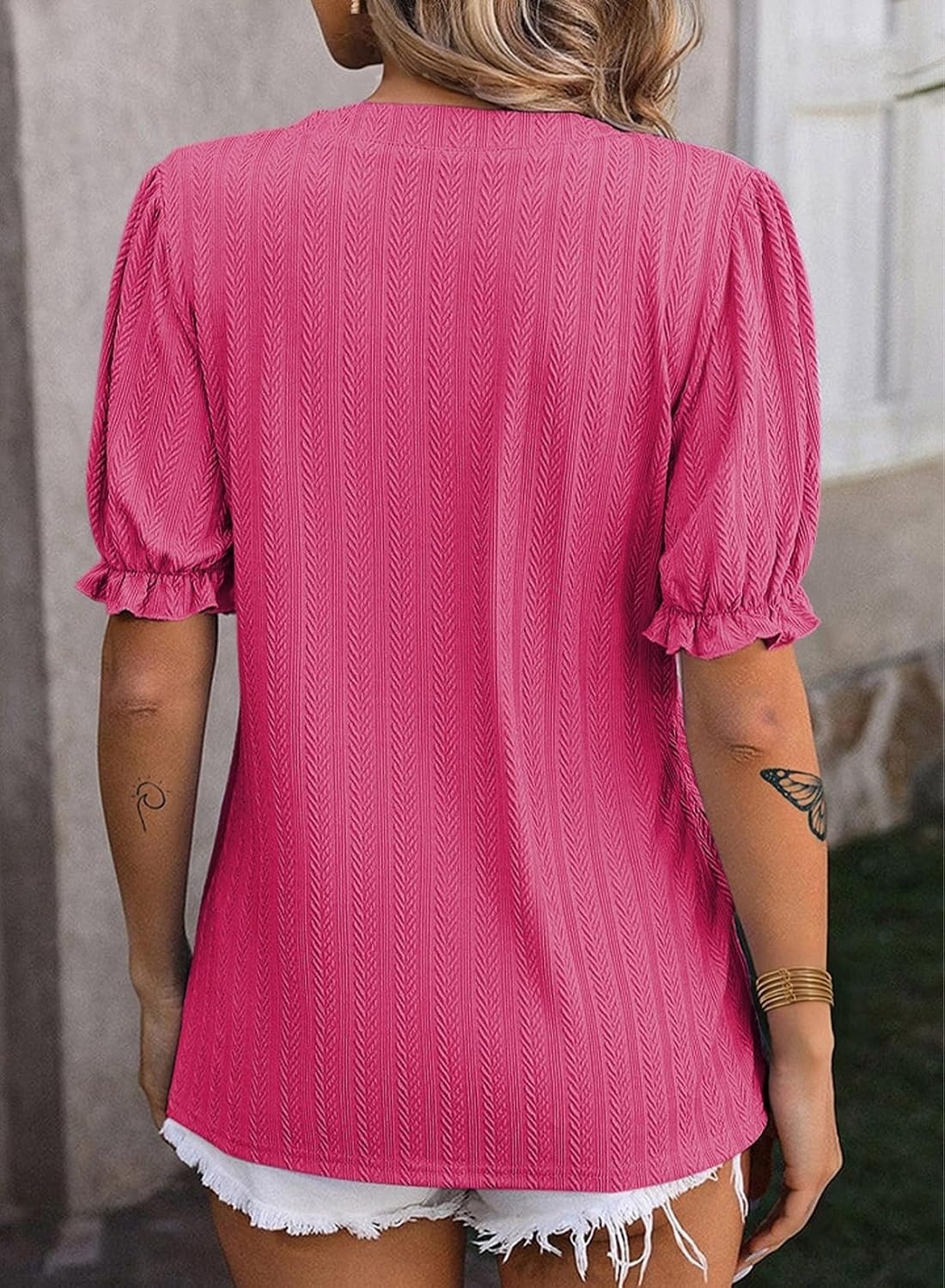 image:imageDokotoo Womens Summer Short Puff Sleeves Blouses Shirts V Neck Cute Solid Knit Textured Casual Regular Fit TopsStrawberry Pink