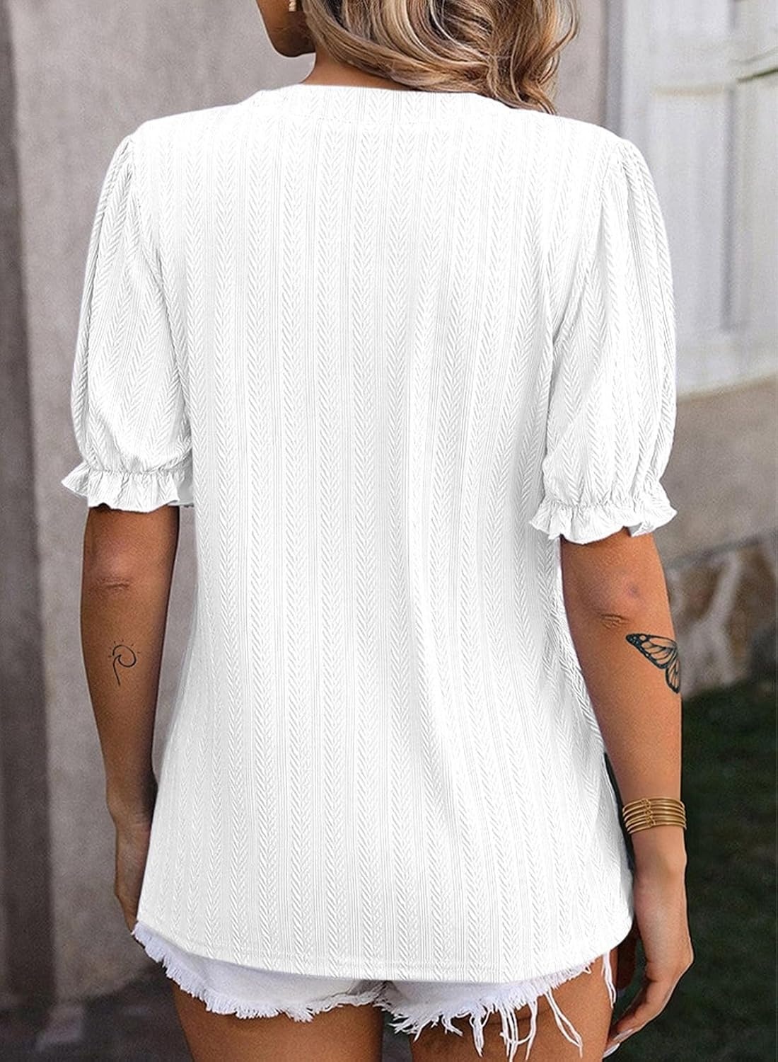 image:imageDokotoo Womens Summer Short Puff Sleeves Blouses Shirts V Neck Cute Solid Knit Textured Casual Regular Fit TopsWhite
