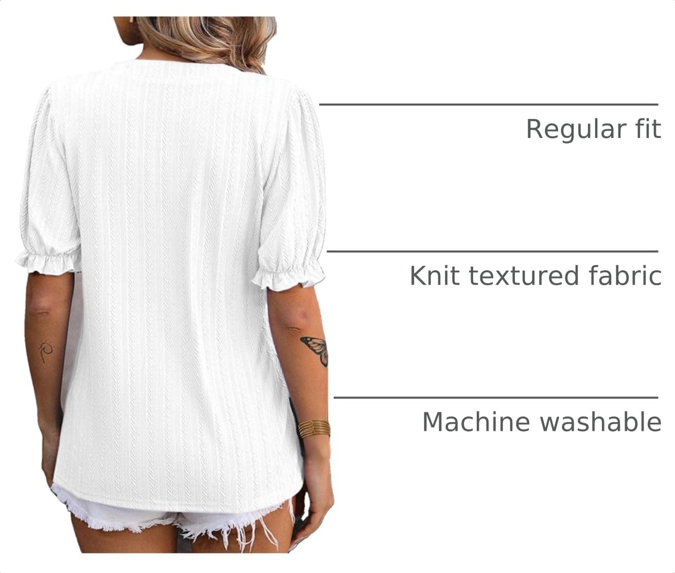 image:imageDokotoo Womens Summer Short Puff Sleeves Blouses Shirts V Neck Cute Solid Knit Textured Casual Regular Fit TopsWhite