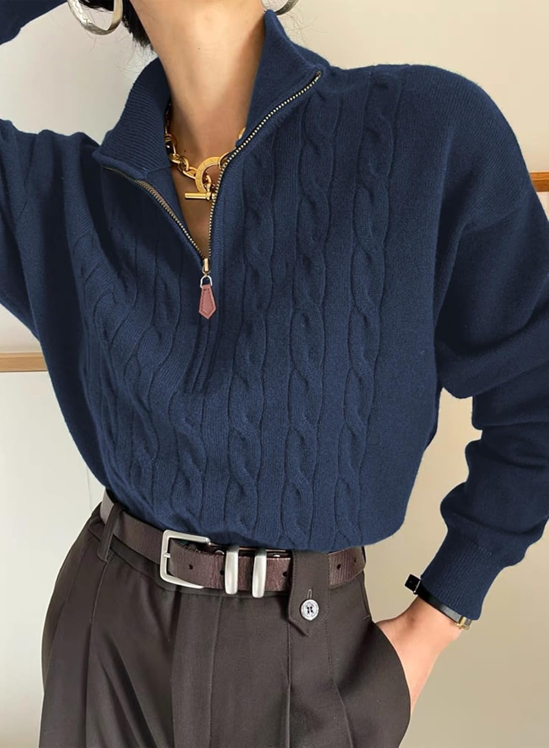 image:imageDokotoo Womens Sweaters 2026 Fall Winter Quarter Zip Ribbed Cable KnitNavy Blue