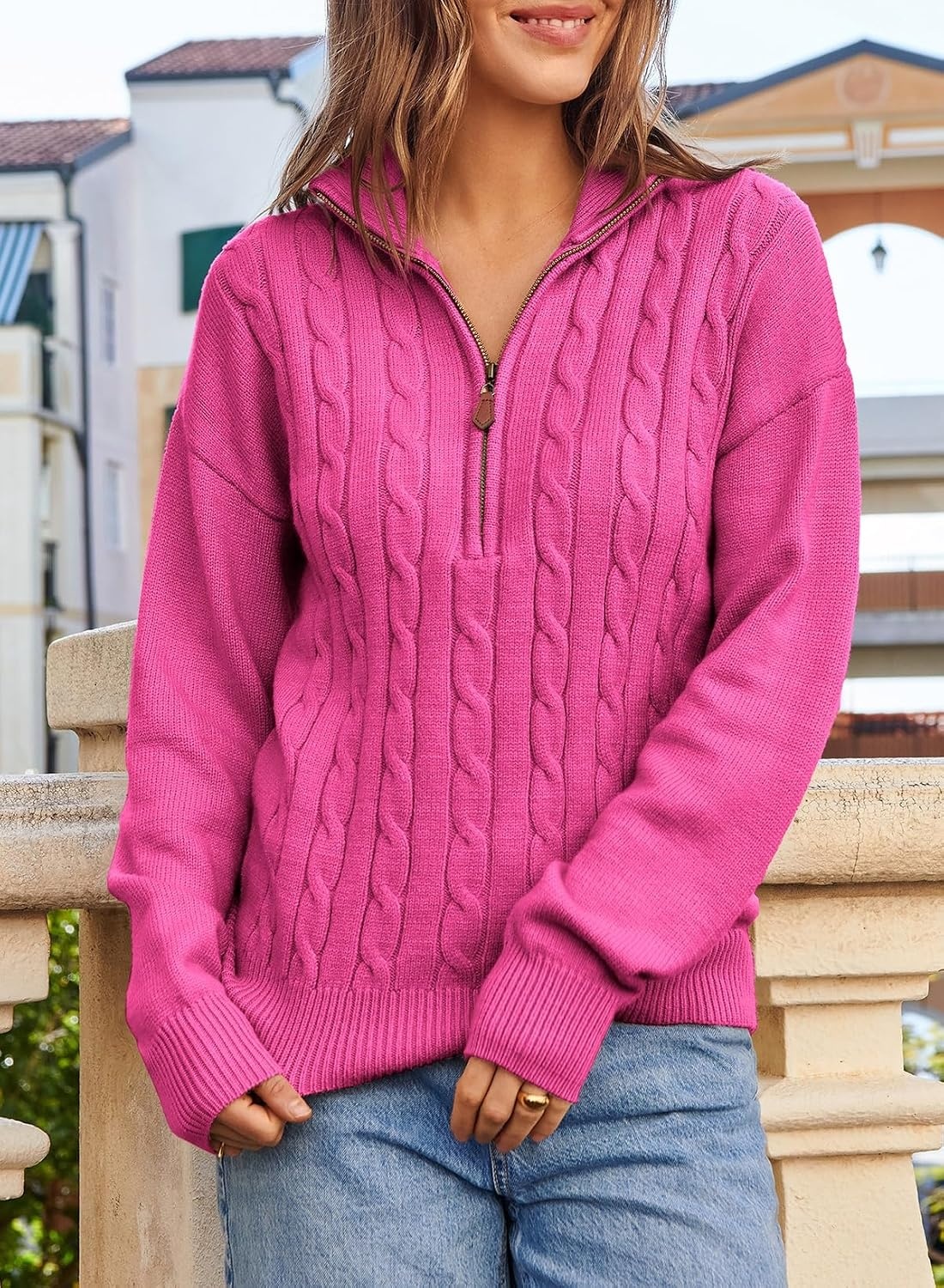 image:imageDokotoo Womens Sweaters 2026 Fall Winter Quarter Zip Ribbed Cable KnitRose Red