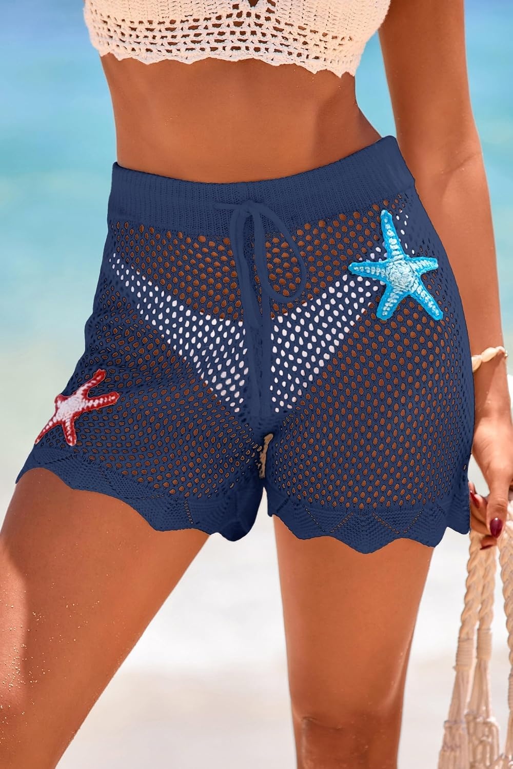 image:imageDokotoo Womens Swim Shorts 2026 Embroidery Color Block Crochet Hollow Out High Waist Drawstring Beach Shorts Beach Cover UpBlue