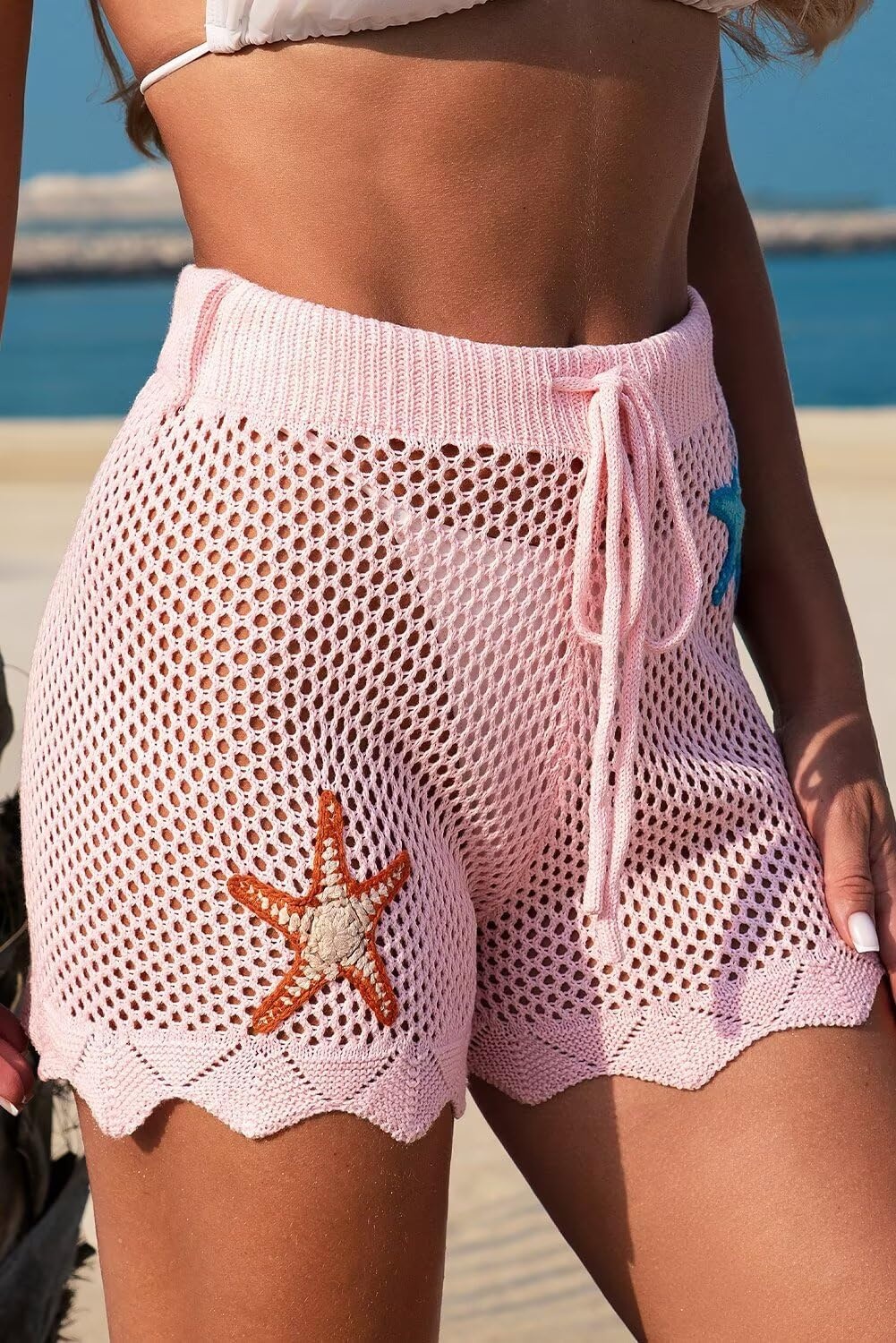 image:imageDokotoo Womens Swim Shorts 2026 Embroidery Color Block Crochet Hollow Out High Waist Drawstring Beach Shorts Beach Cover UpPink