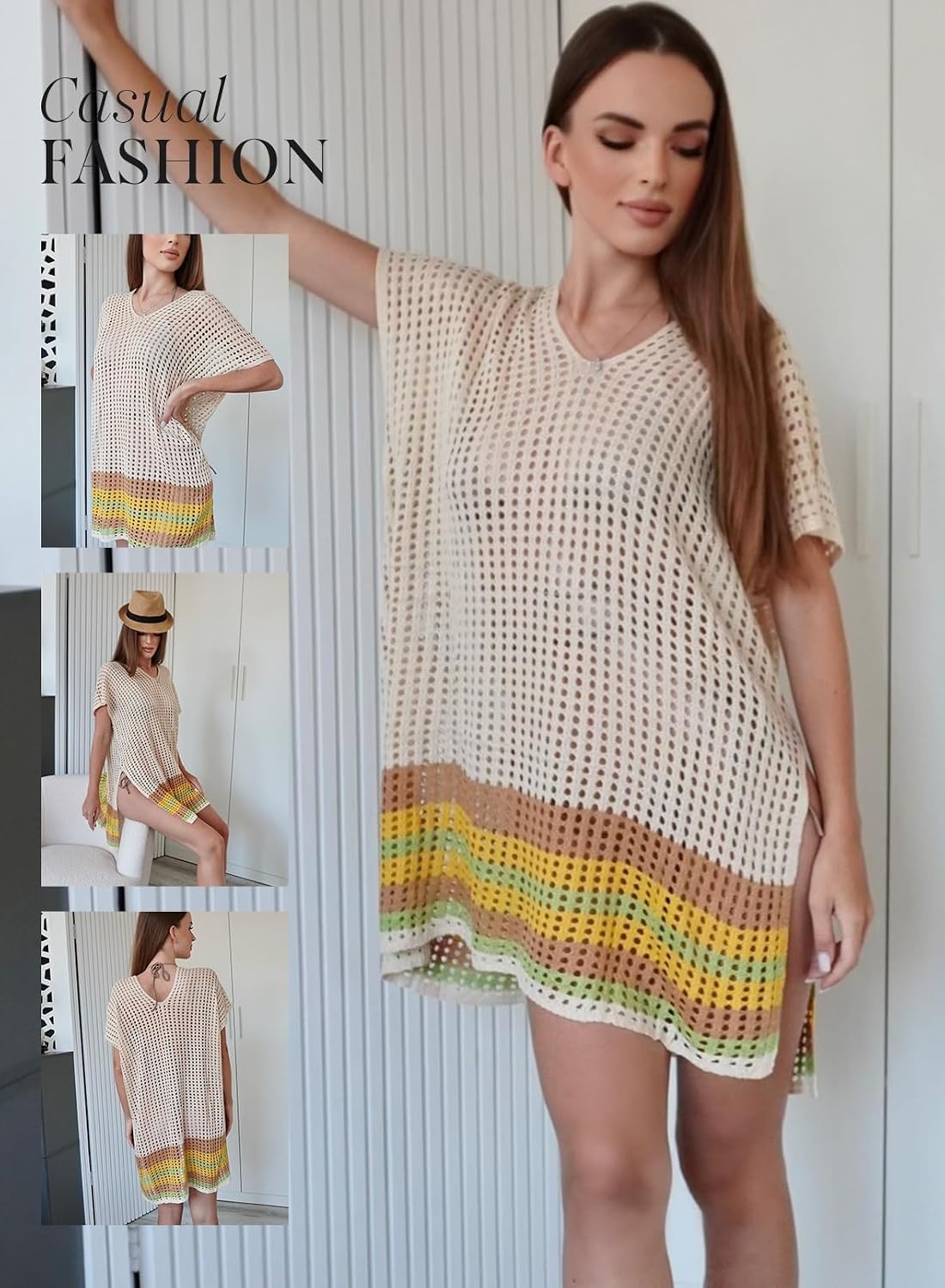 image:imageDokotoo Womens Swimwear Beach Bikini Swimsuit Color Block Coverups Crochet Striped Side Split Mini DressApricot