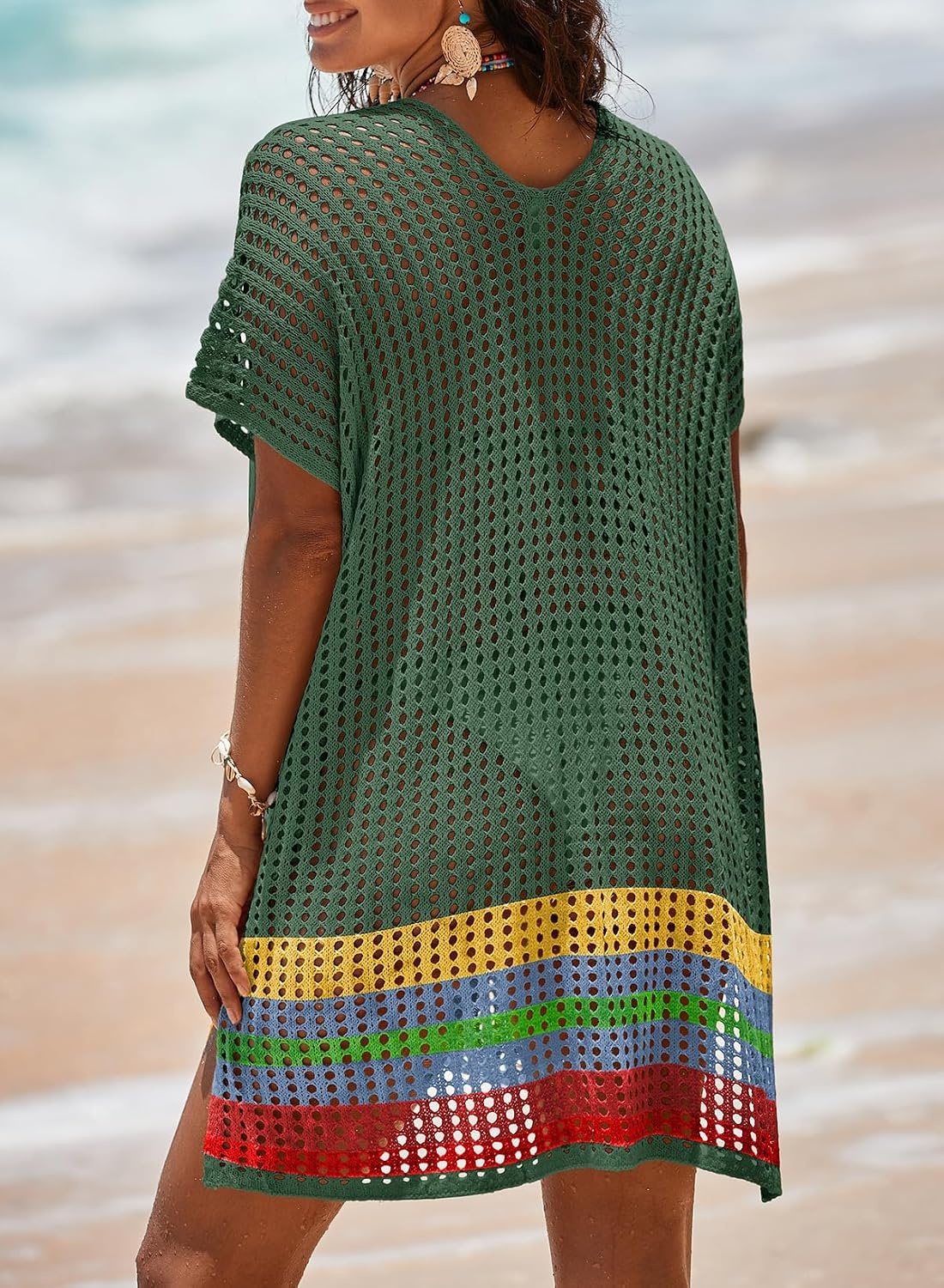 image:imageDokotoo Womens Swimwear Beach Bikini Swimsuit Color Block Coverups Crochet Striped Side Split Mini DressBlackish Green