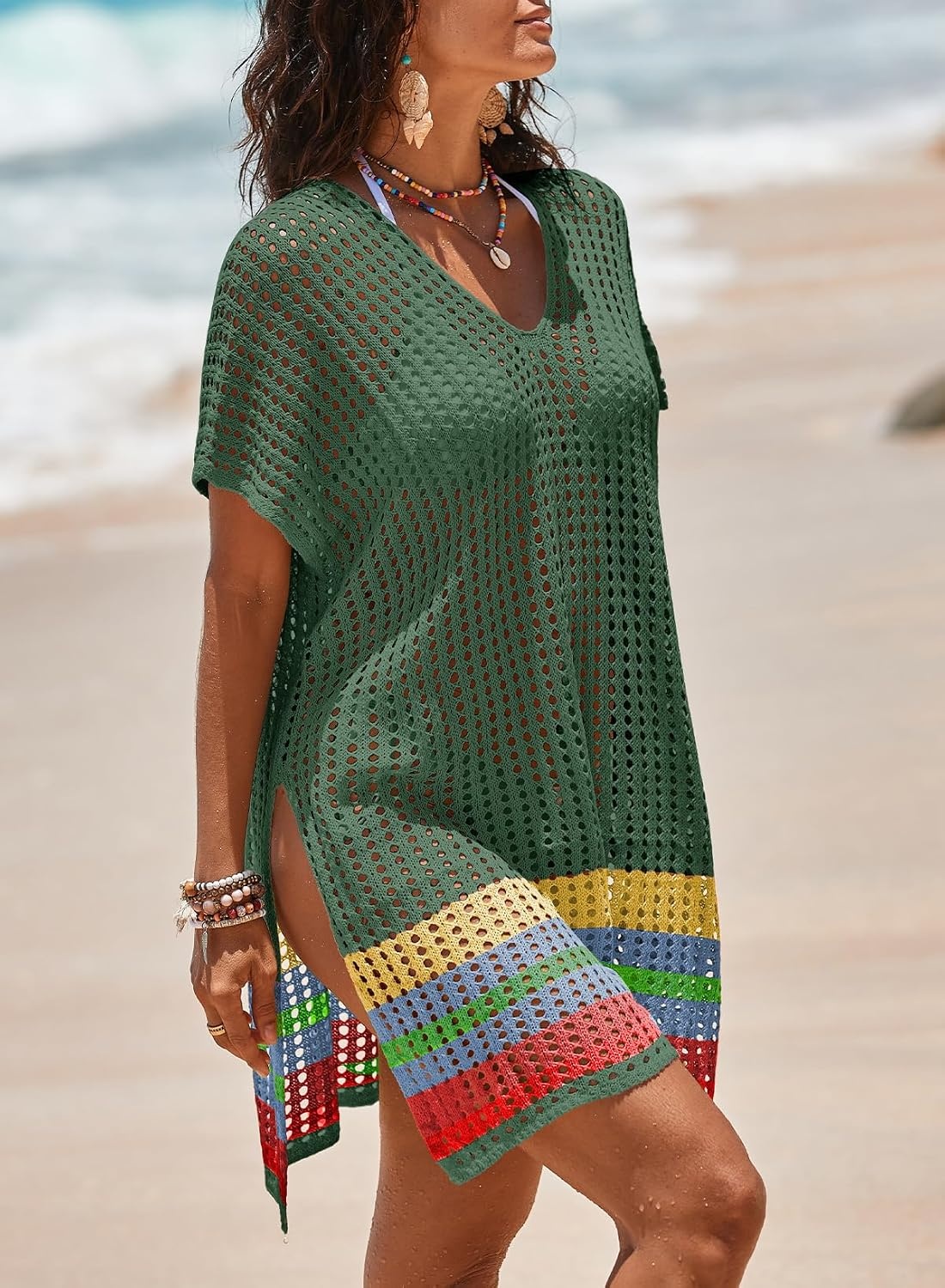 image:imageDokotoo Womens Swimwear Beach Bikini Swimsuit Color Block Coverups Crochet Striped Side Split Mini DressBlackish Green
