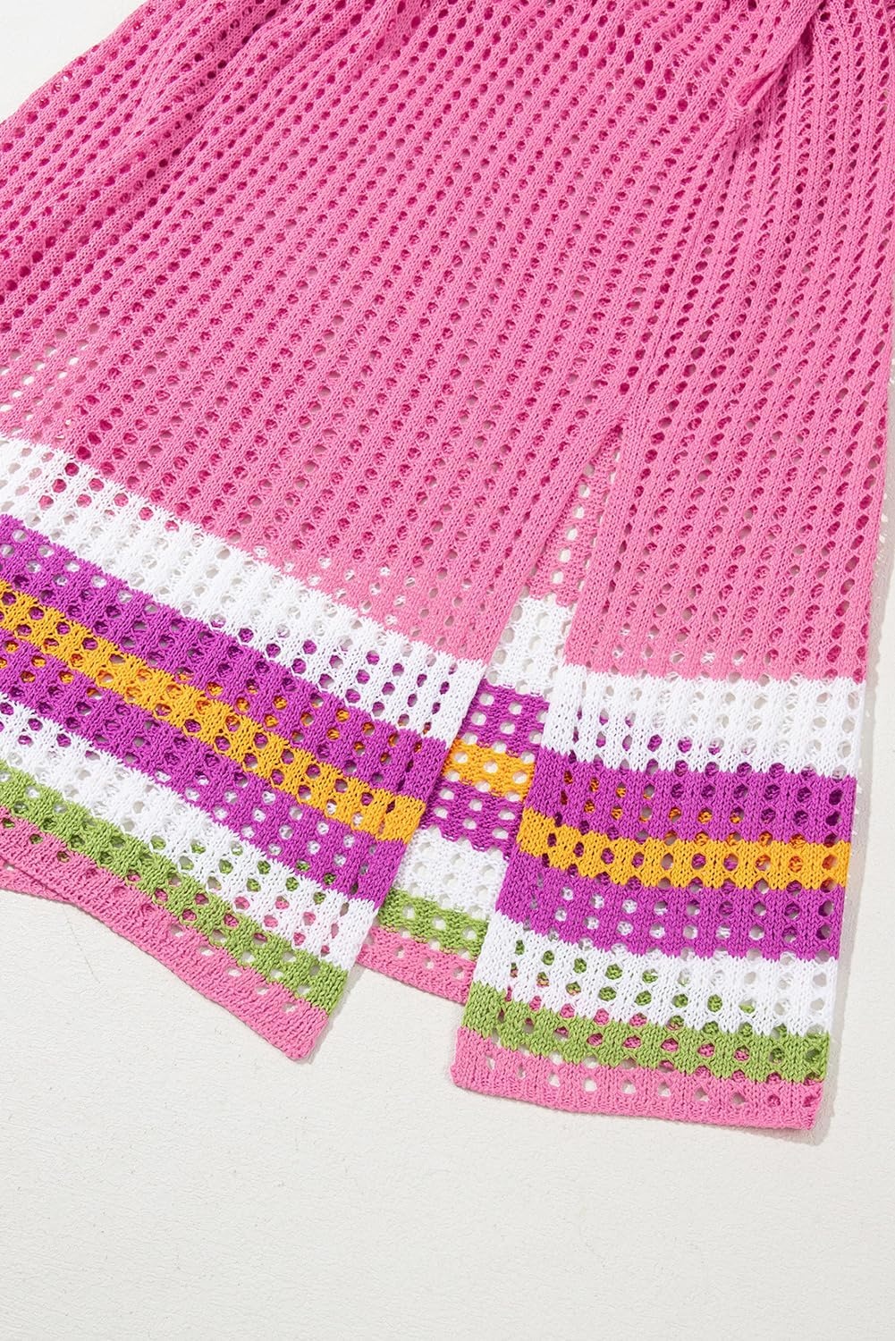 image:imageDokotoo Womens Swimwear Beach Bikini Swimsuit Color Block Coverups Crochet Striped Side Split Mini DressBright Pink