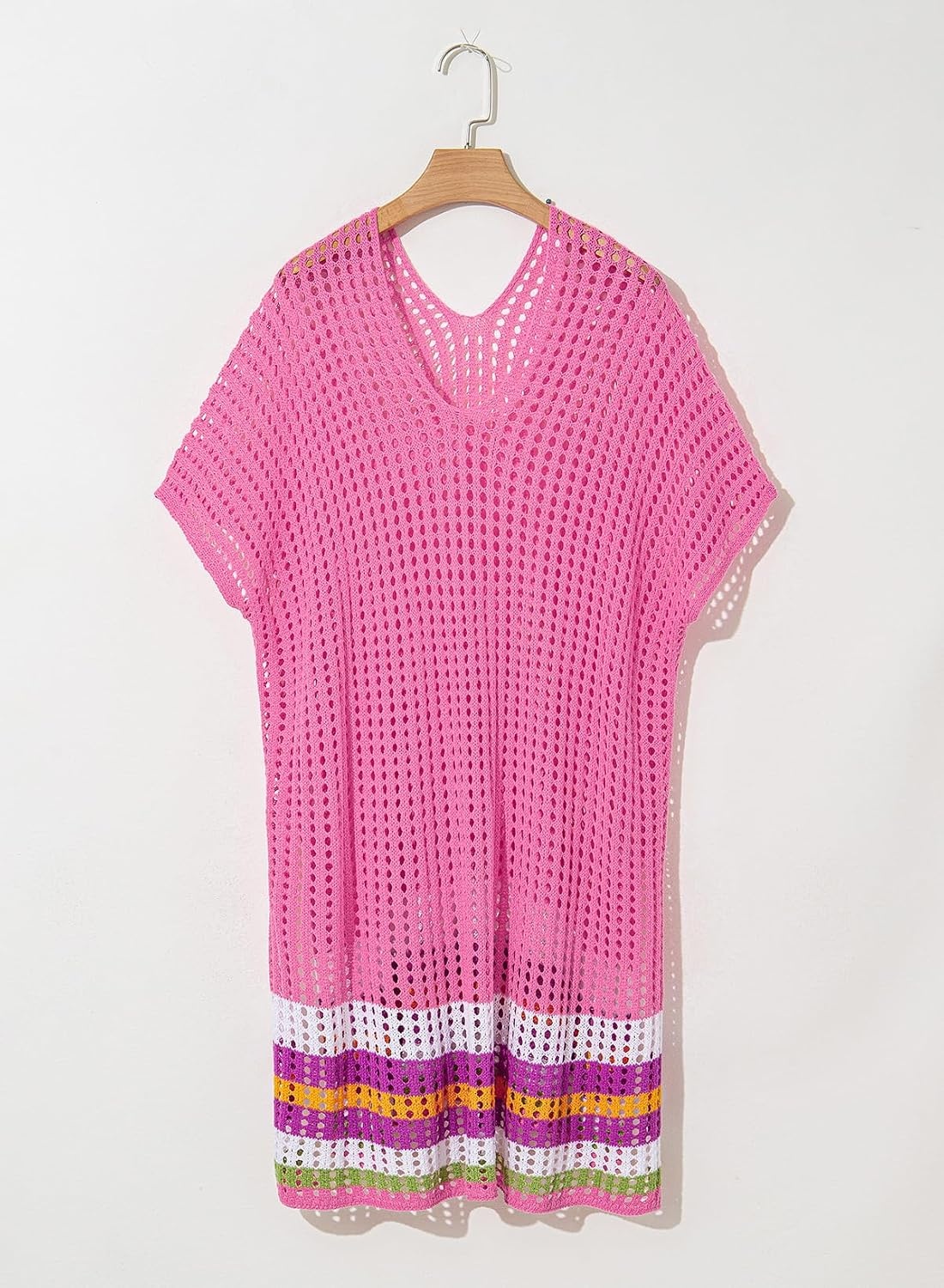 image:imageDokotoo Womens Swimwear Beach Bikini Swimsuit Color Block Coverups Crochet Striped Side Split Mini DressBright Pink