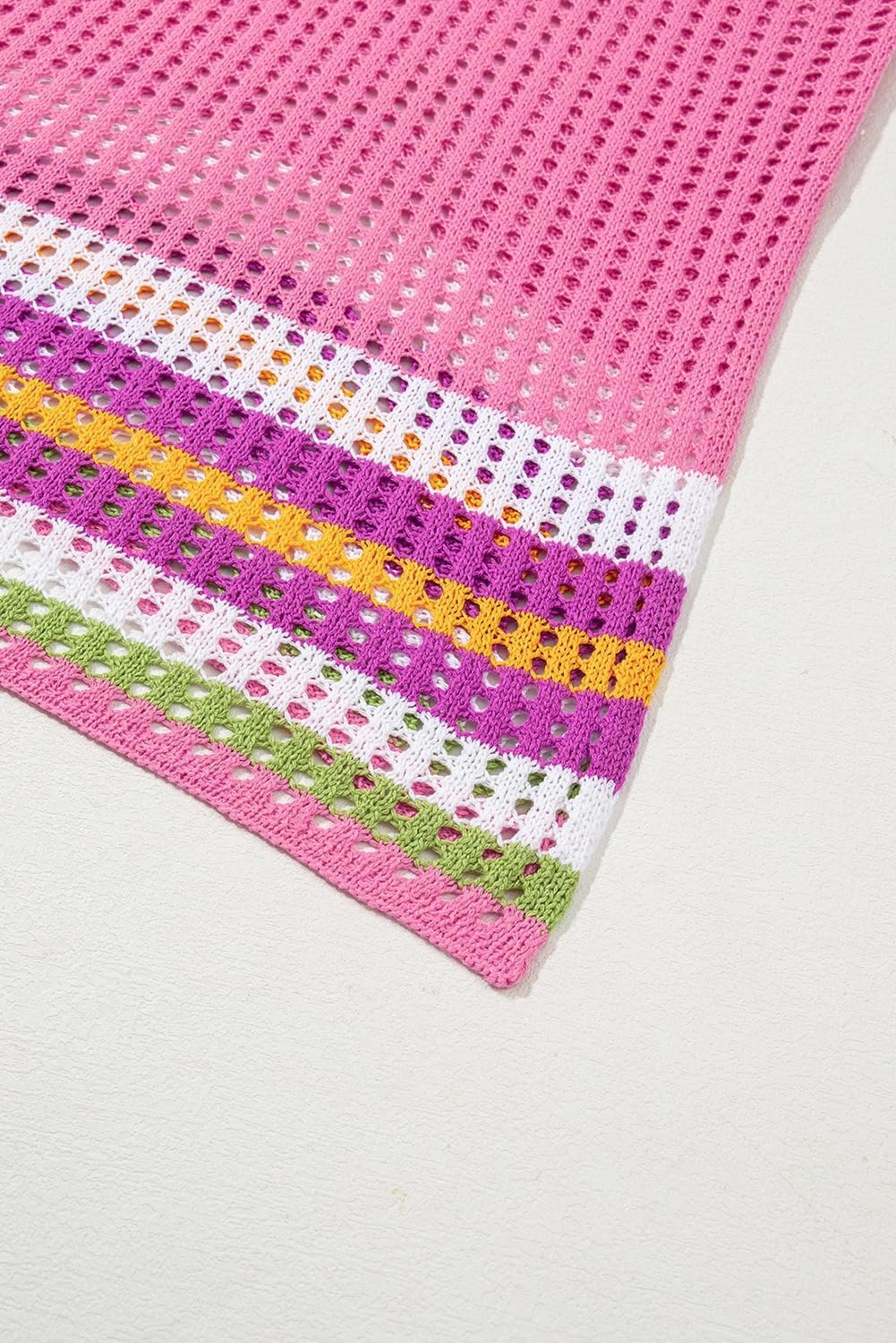 image:imageDokotoo Womens Swimwear Beach Bikini Swimsuit Color Block Coverups Crochet Striped Side Split Mini DressBright Pink