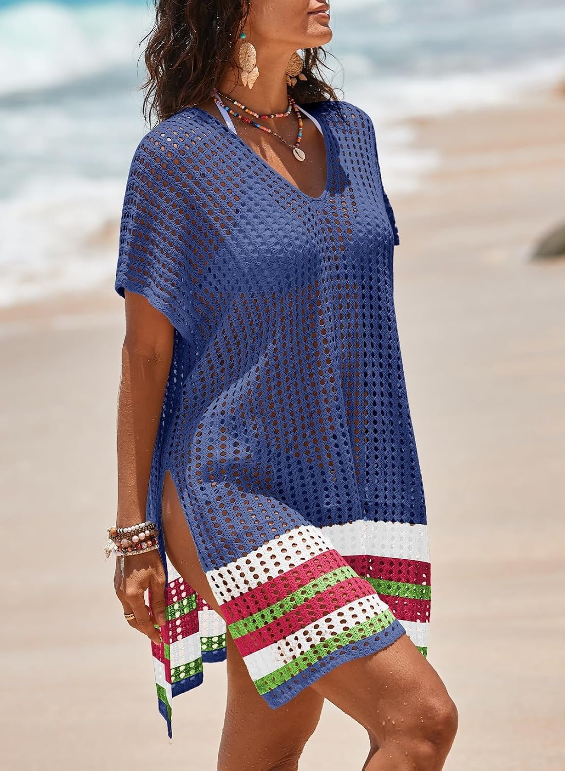 image:imageDokotoo Womens Swimwear Beach Bikini Swimsuit Color Block Coverups Crochet Striped Side Split Mini DressSail Blue