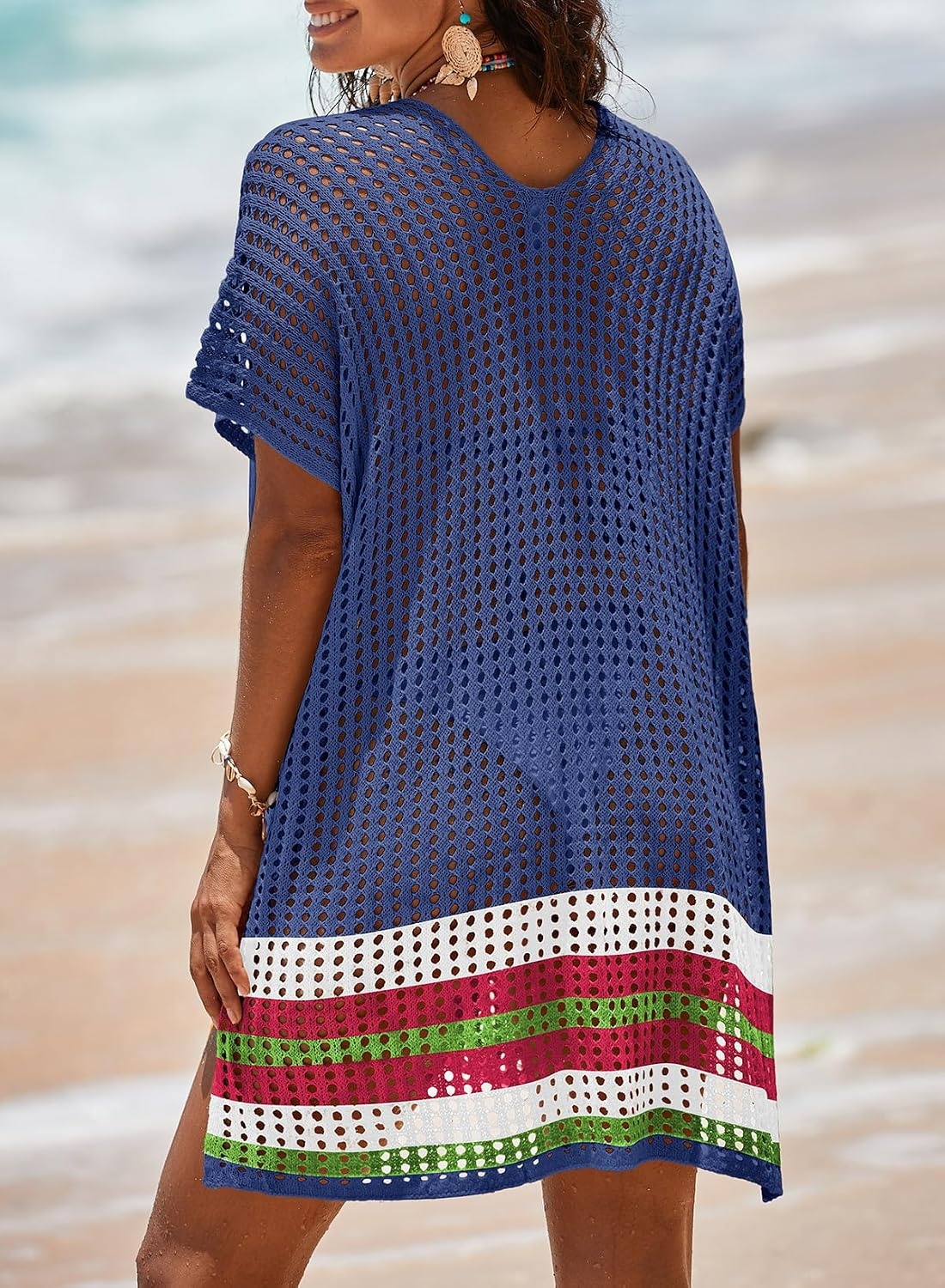 image:imageDokotoo Womens Swimwear Beach Bikini Swimsuit Color Block Coverups Crochet Striped Side Split Mini DressSail Blue