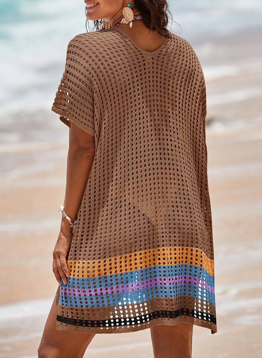 image:imageDokotoo Womens Swimwear Beach Bikini Swimsuit Color Block Coverups Crochet Striped Side Split Mini DressStraw Yellow