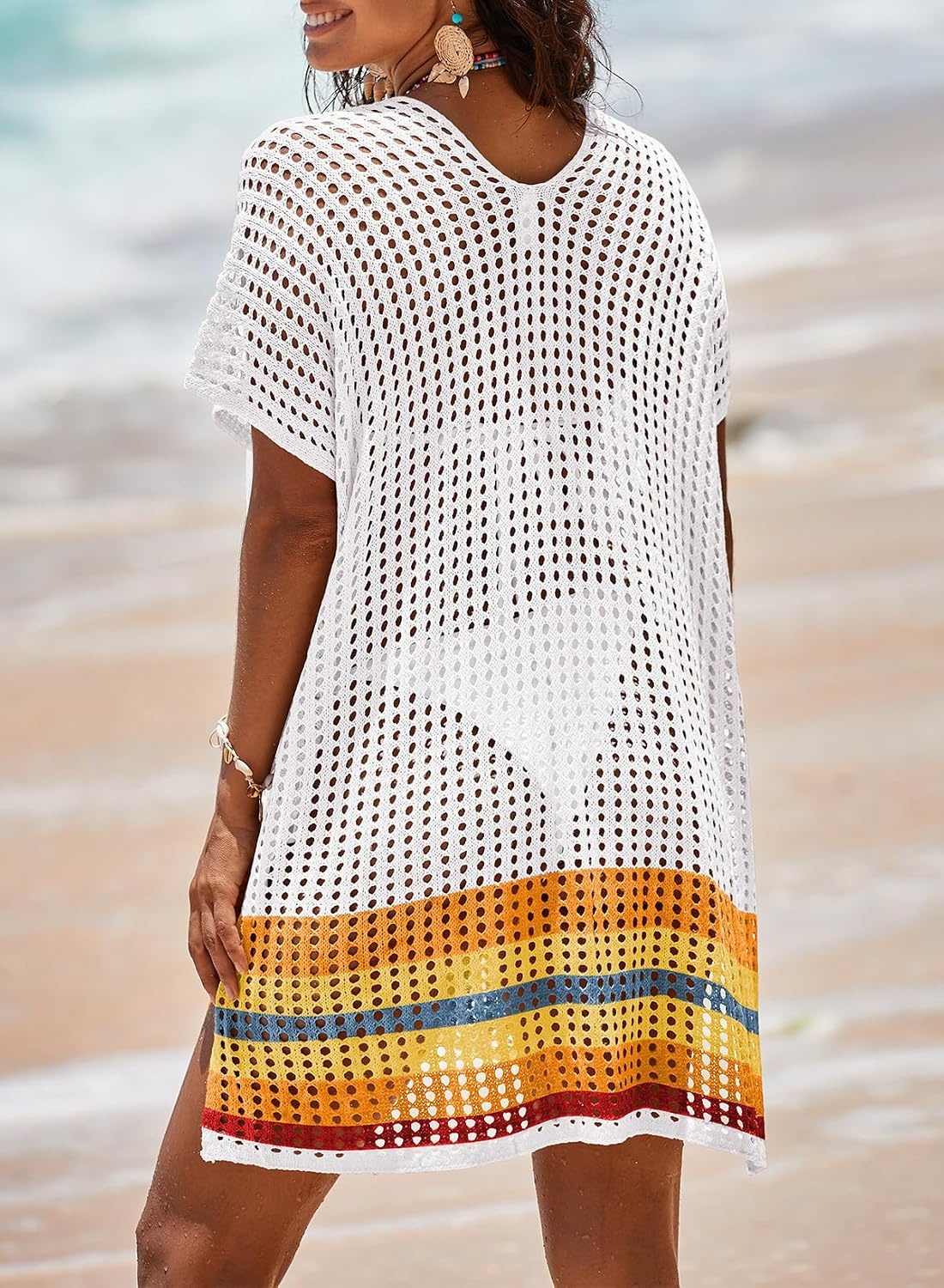 image:imageDokotoo Womens Swimwear Beach Bikini Swimsuit Color Block Coverups Crochet Striped Side Split Mini DressWhite