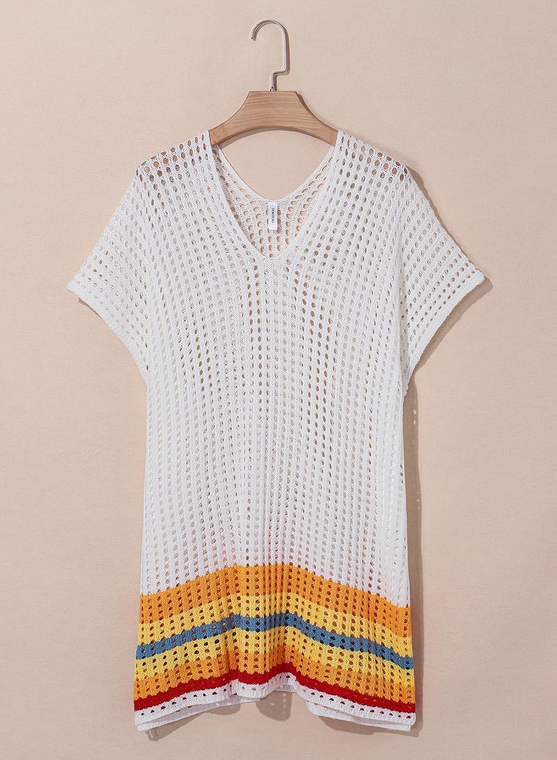 image:imageDokotoo Womens Swimwear Beach Bikini Swimsuit Color Block Coverups Crochet Striped Side Split Mini DressWhite