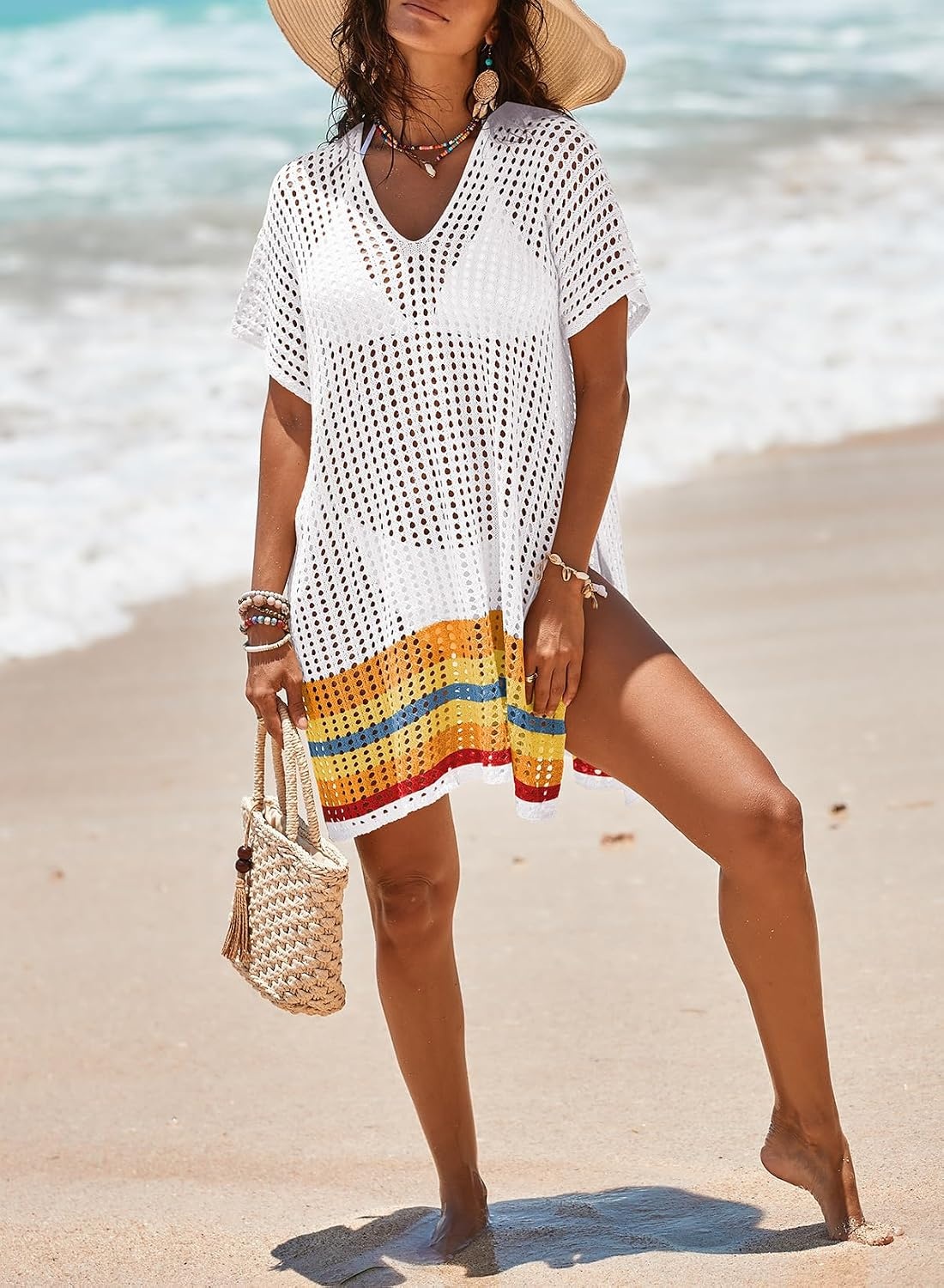 image:imageDokotoo Womens Swimwear Beach Bikini Swimsuit Color Block Coverups Crochet Striped Side Split Mini DressWhite