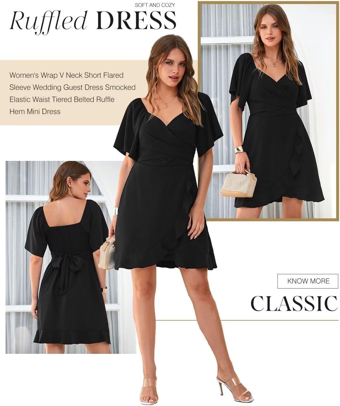 image:imageDokotoo Womens Wrap V Neck Short Flared Sleeve Wedding Guest Dress Smocked Elastic Waist Tiered Belted Ruffle Hem Mini DressBlack
