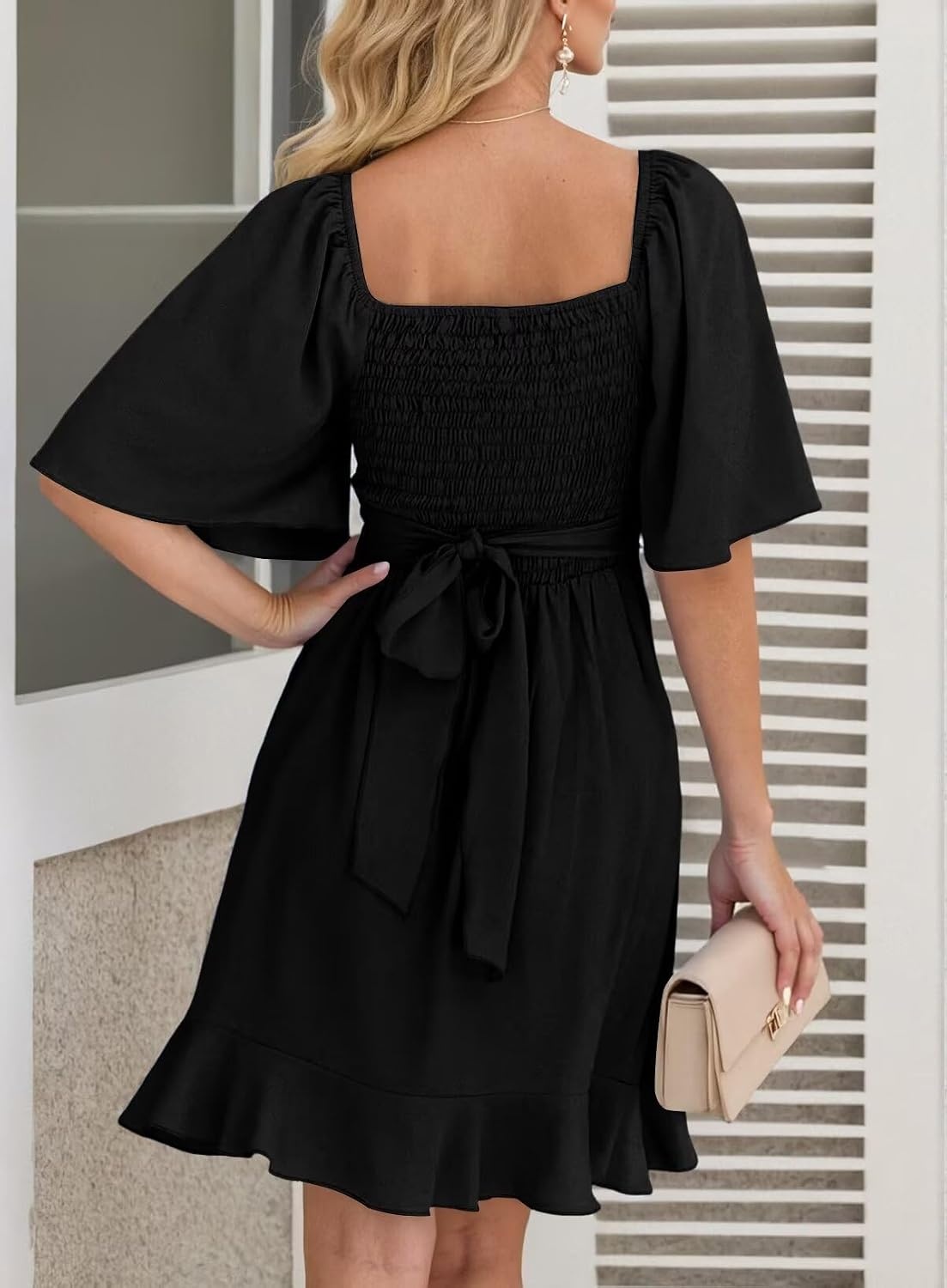 image:imageDokotoo Womens Wrap V Neck Short Flared Sleeve Wedding Guest Dress Smocked Elastic Waist Tiered Belted Ruffle Hem Mini DressBlack