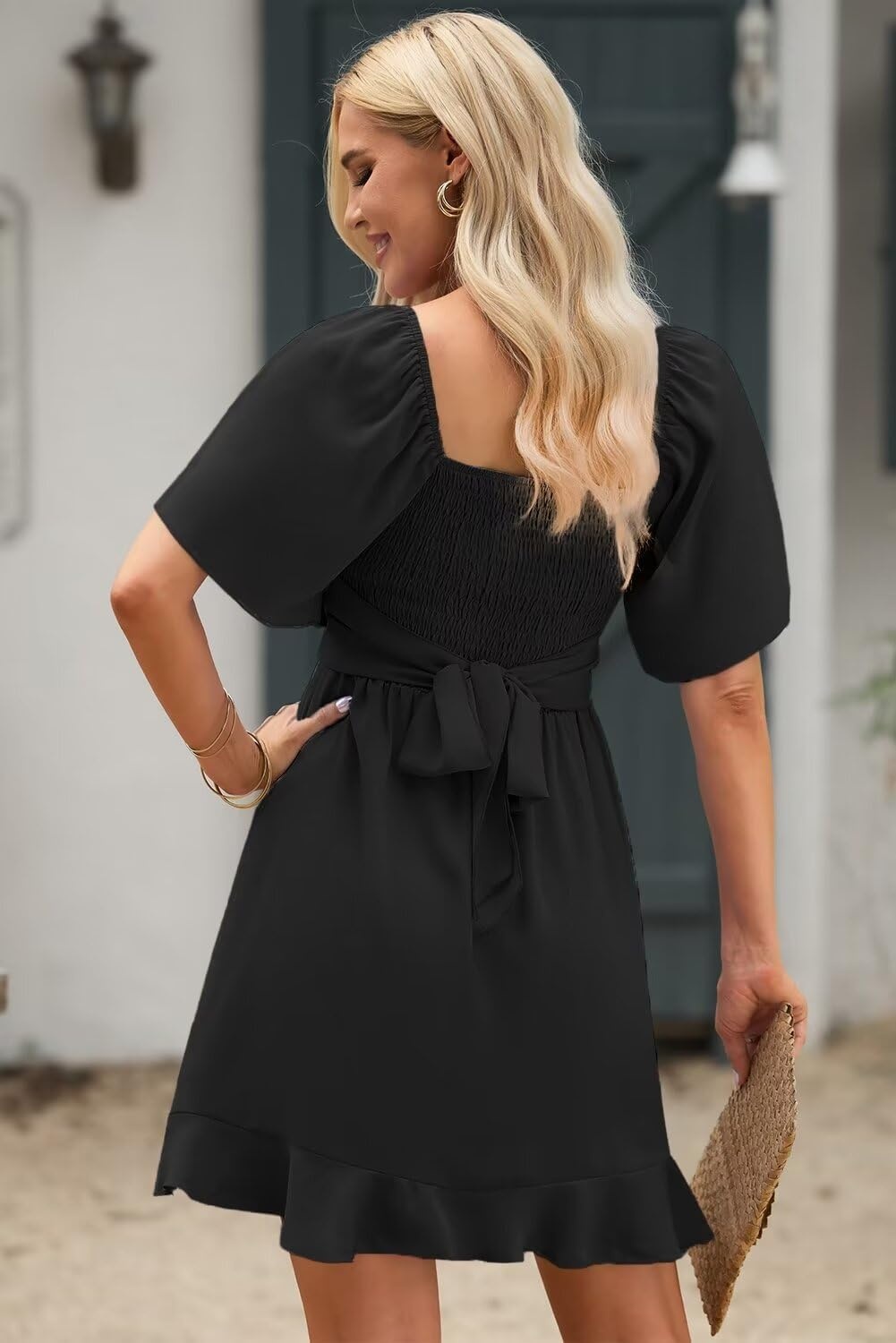 image:imageDokotoo Womens Wrap V Neck Short Flared Sleeve Wedding Guest Dress Smocked Elastic Waist Tiered Belted Ruffle Hem Mini DressBlack