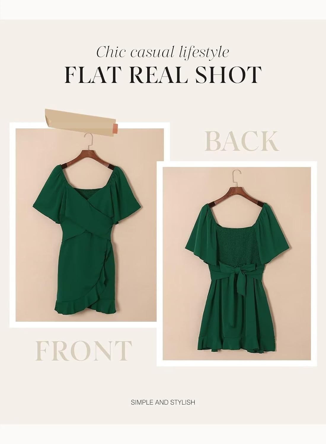 image:imageDokotoo Womens Wrap V Neck Short Flared Sleeve Wedding Guest Dress Smocked Elastic Waist Tiered Belted Ruffle Hem Mini DressGreen