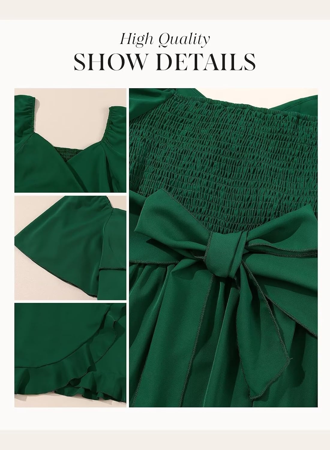 image:imageDokotoo Womens Wrap V Neck Short Flared Sleeve Wedding Guest Dress Smocked Elastic Waist Tiered Belted Ruffle Hem Mini DressGreen