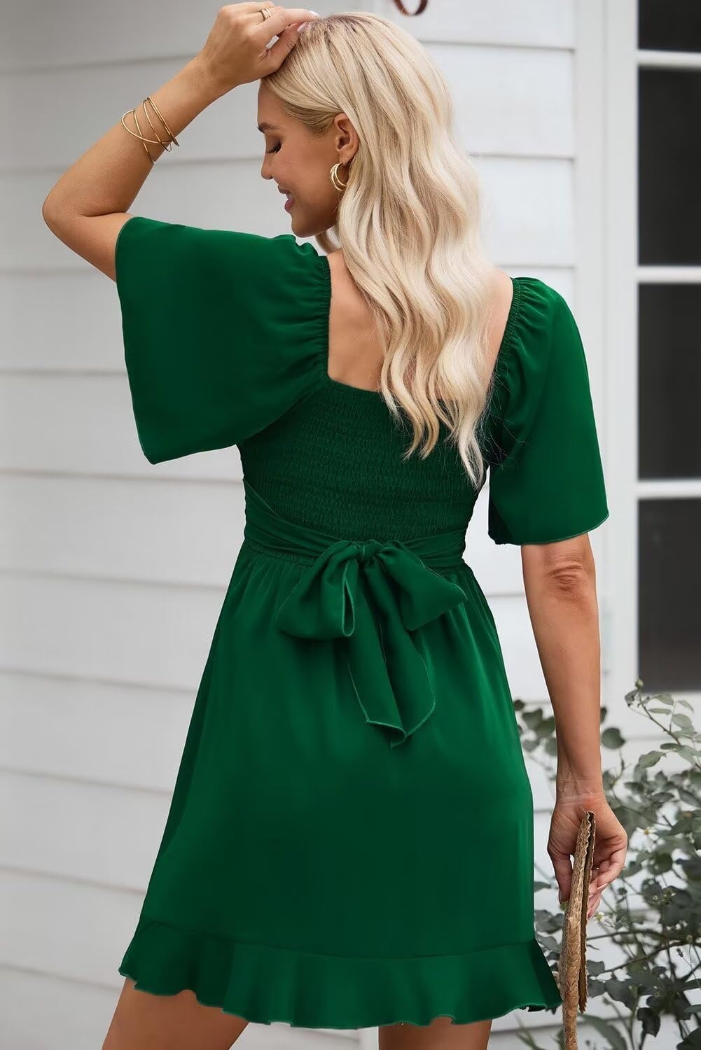 image:imageDokotoo Womens Wrap V Neck Short Flared Sleeve Wedding Guest Dress Smocked Elastic Waist Tiered Belted Ruffle Hem Mini DressGreen