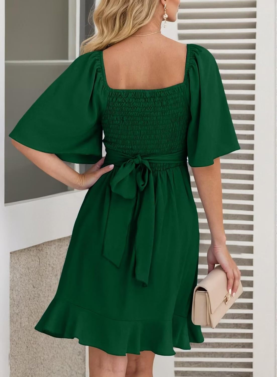 image:imageDokotoo Womens Wrap V Neck Short Flared Sleeve Wedding Guest Dress Smocked Elastic Waist Tiered Belted Ruffle Hem Mini DressGreen