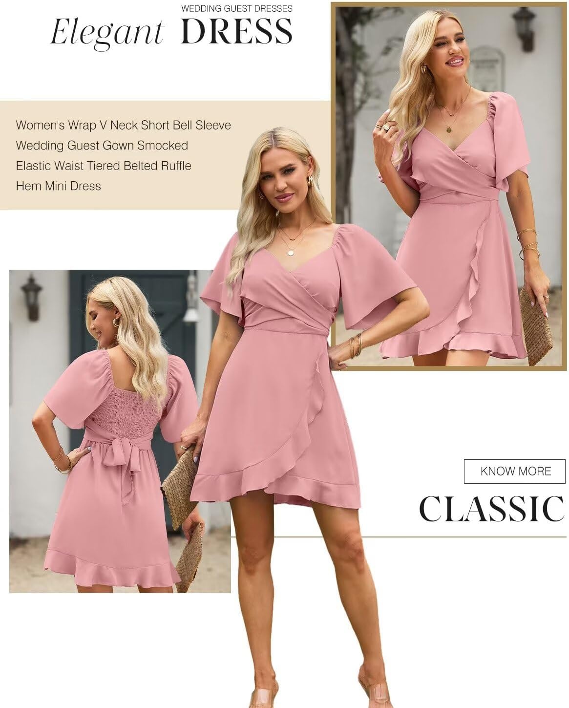 image:imageDokotoo Womens Wrap V Neck Short Flared Sleeve Wedding Guest Dress Smocked Elastic Waist Tiered Belted Ruffle Hem Mini DressLight Pink