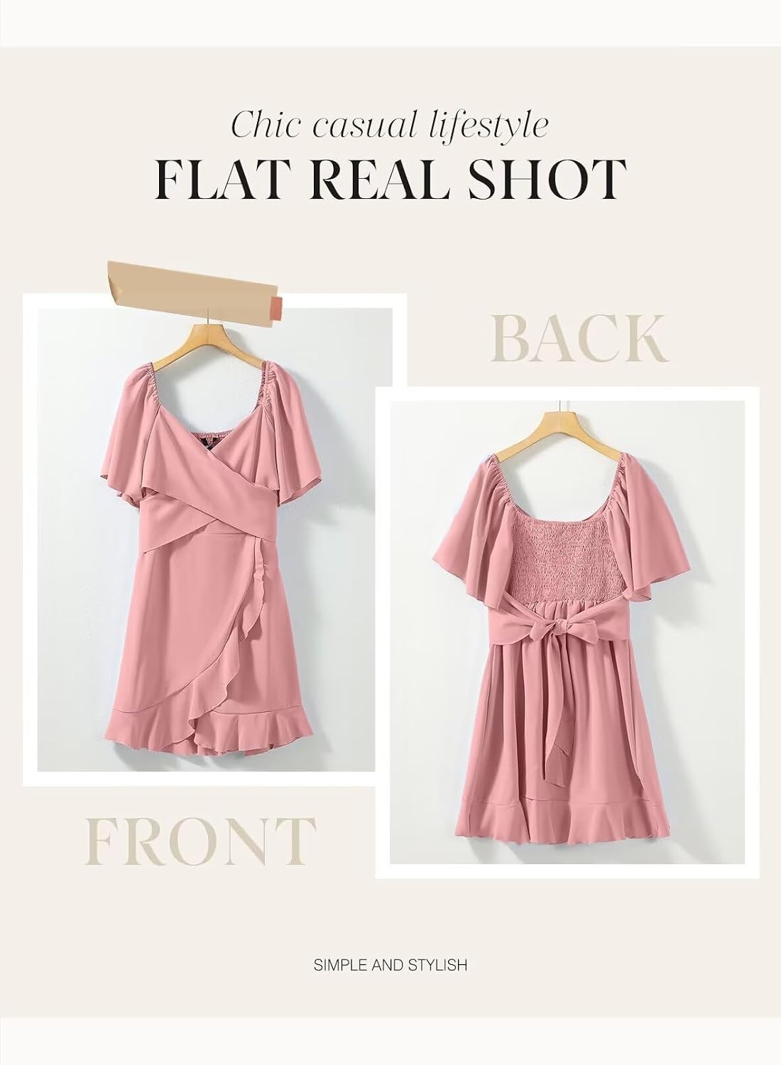 image:imageDokotoo Womens Wrap V Neck Short Flared Sleeve Wedding Guest Dress Smocked Elastic Waist Tiered Belted Ruffle Hem Mini DressLight Pink