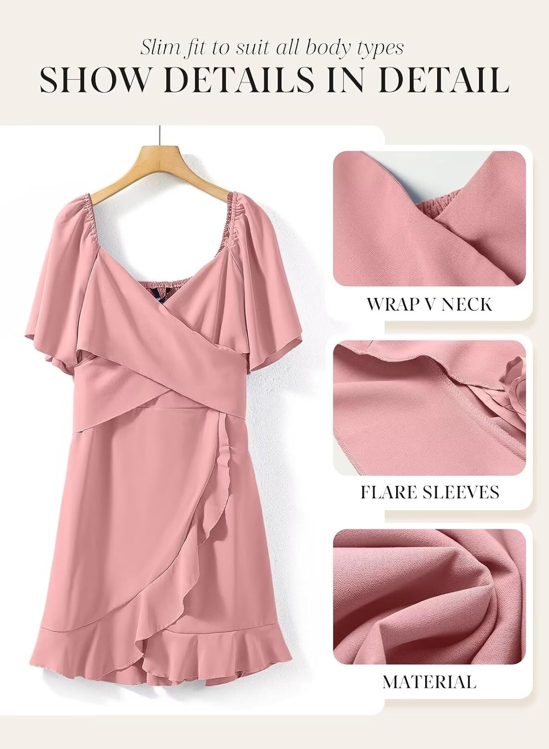 image:imageDokotoo Womens Wrap V Neck Short Flared Sleeve Wedding Guest Dress Smocked Elastic Waist Tiered Belted Ruffle Hem Mini DressLight Pink