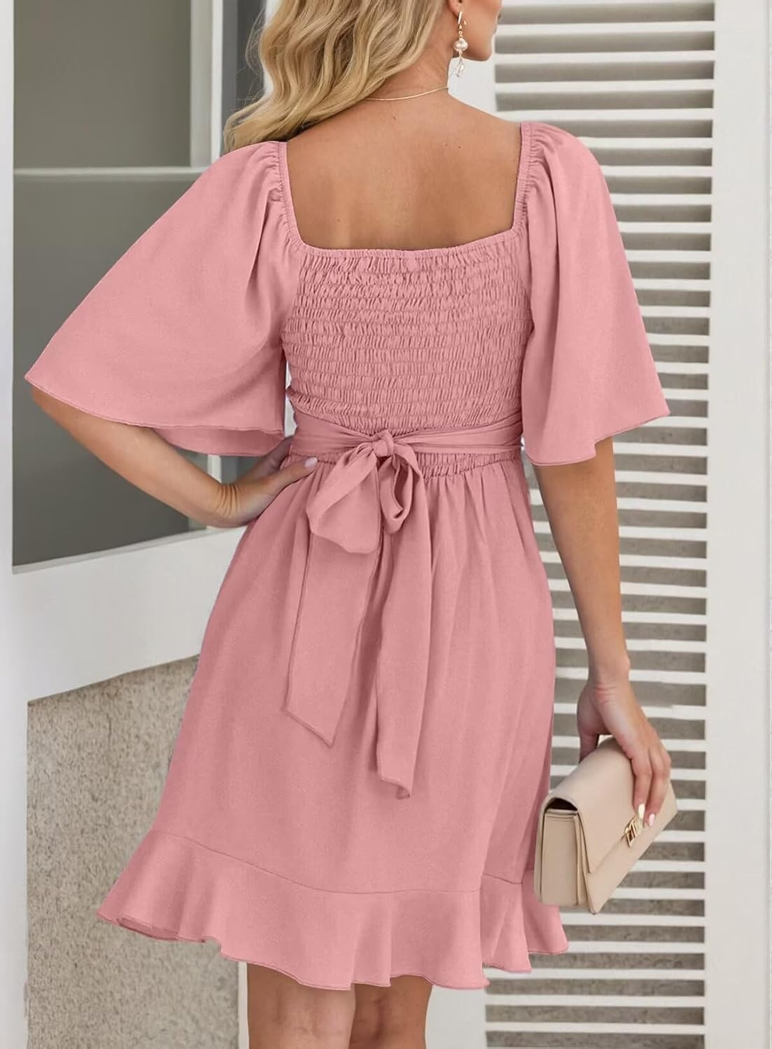 image:imageDokotoo Womens Wrap V Neck Short Flared Sleeve Wedding Guest Dress Smocked Elastic Waist Tiered Belted Ruffle Hem Mini DressLight Pink