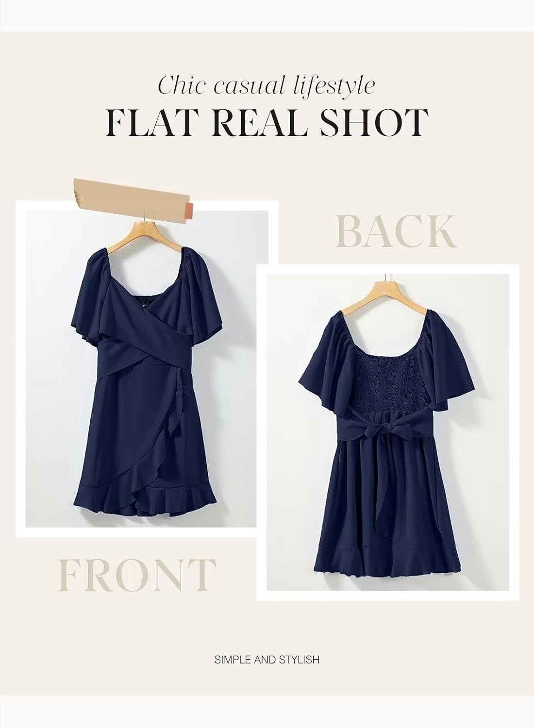 image:imageDokotoo Womens Wrap V Neck Short Flared Sleeve Wedding Guest Dress Smocked Elastic Waist Tiered Belted Ruffle Hem Mini DressNavy Blue