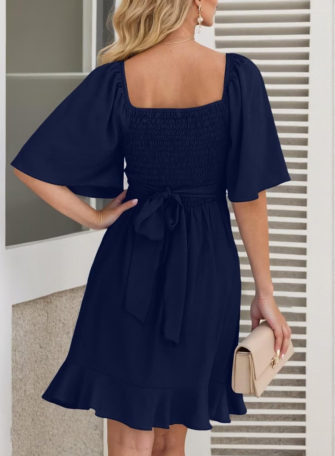 image:imageDokotoo Womens Wrap V Neck Short Flared Sleeve Wedding Guest Dress Smocked Elastic Waist Tiered Belted Ruffle Hem Mini DressNavy Blue