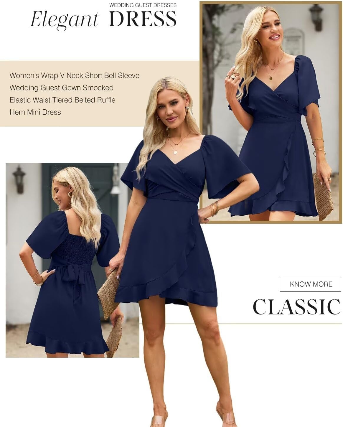 image:imageDokotoo Womens Wrap V Neck Short Flared Sleeve Wedding Guest Dress Smocked Elastic Waist Tiered Belted Ruffle Hem Mini DressNavy Blue