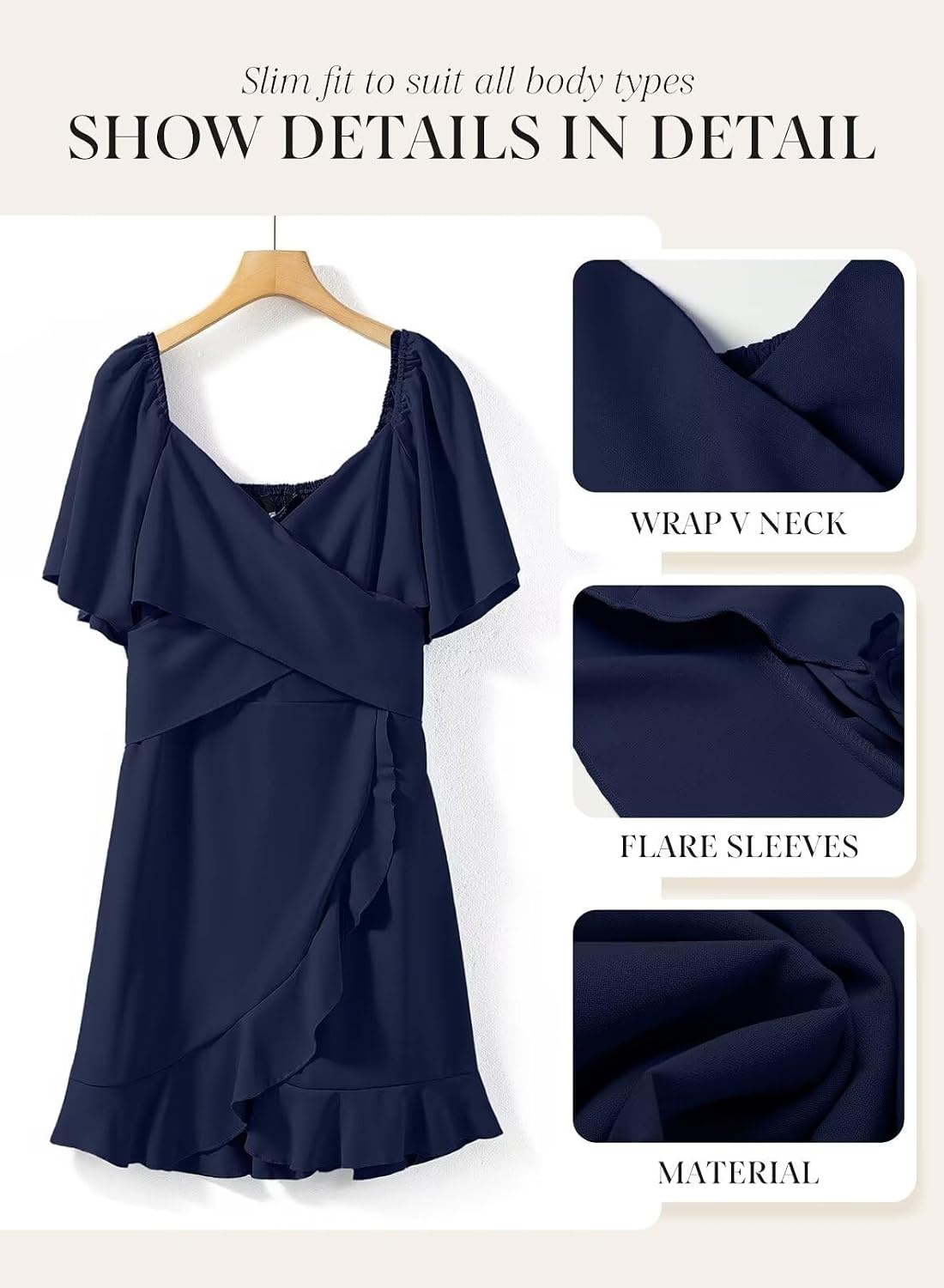 image:imageDokotoo Womens Wrap V Neck Short Flared Sleeve Wedding Guest Dress Smocked Elastic Waist Tiered Belted Ruffle Hem Mini DressNavy Blue