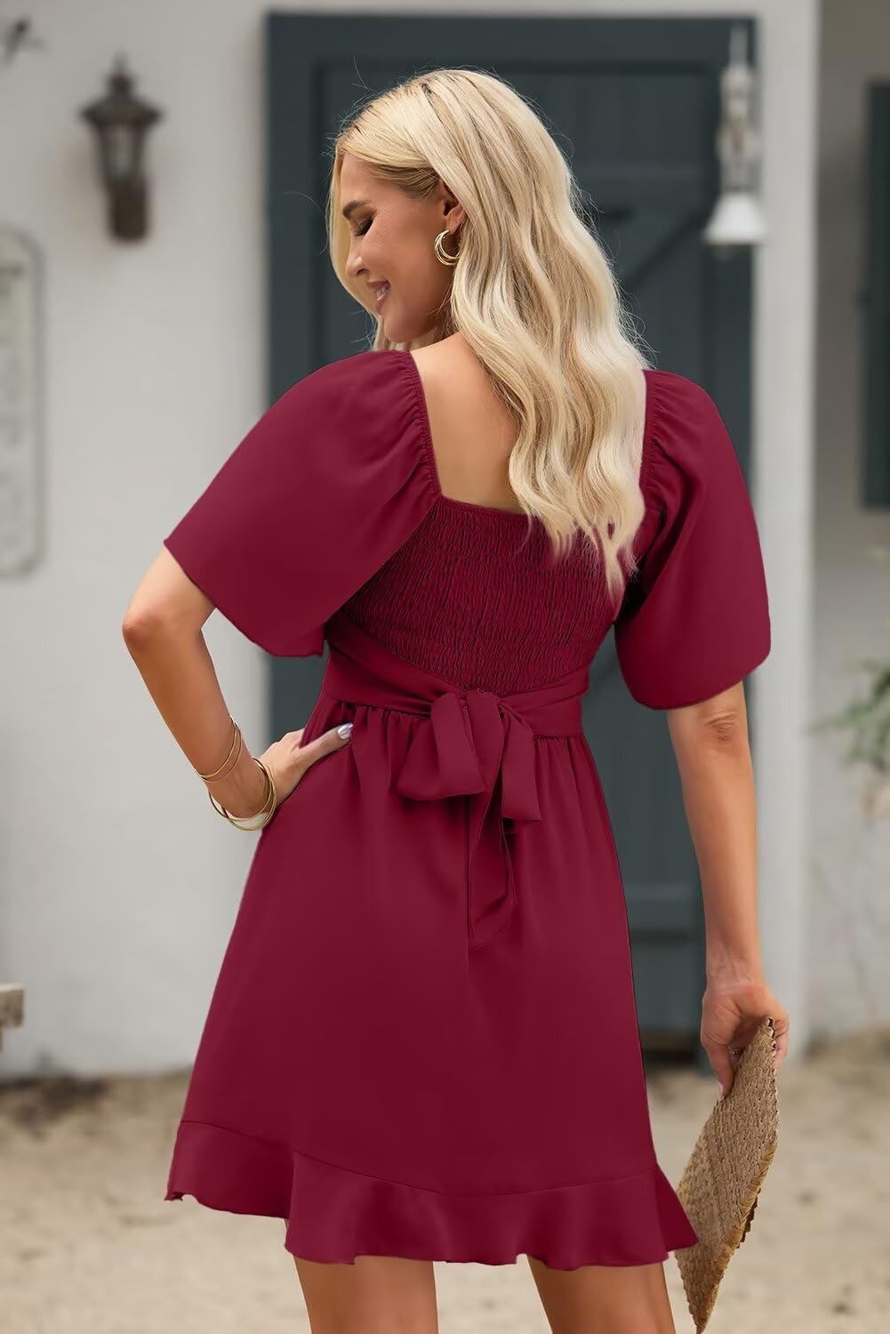 image:imageDokotoo Womens Wrap V Neck Short Flared Sleeve Wedding Guest Dress Smocked Elastic Waist Tiered Belted Ruffle Hem Mini DressRuby