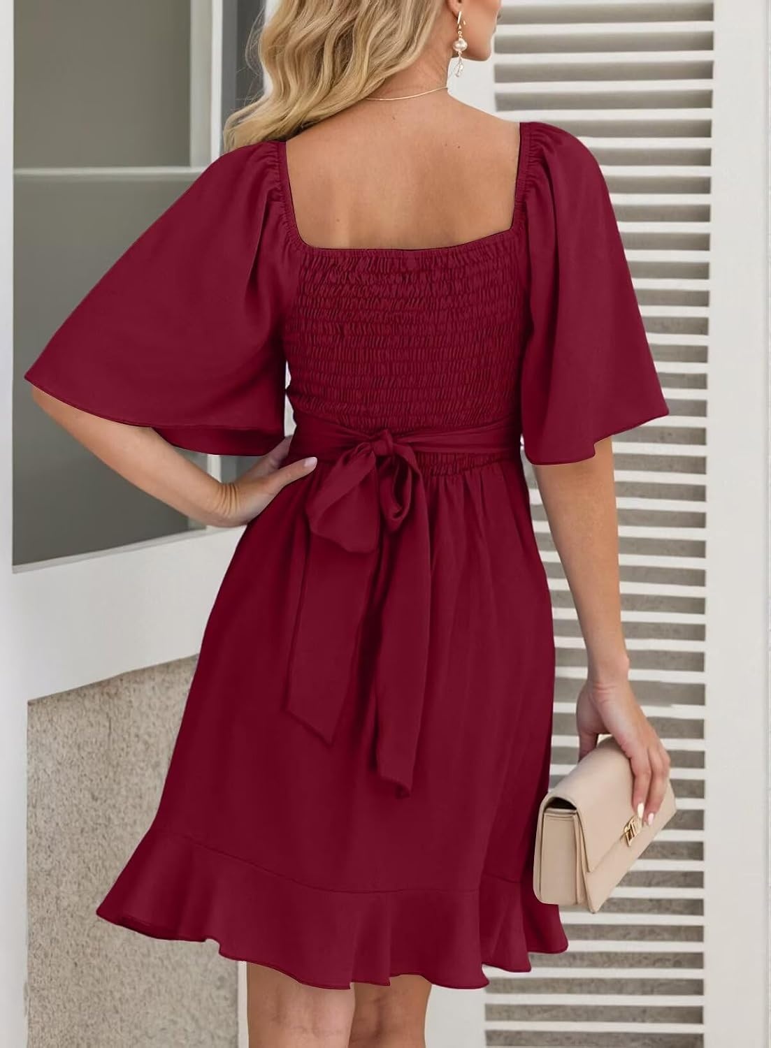 image:imageDokotoo Womens Wrap V Neck Short Flared Sleeve Wedding Guest Dress Smocked Elastic Waist Tiered Belted Ruffle Hem Mini DressRuby