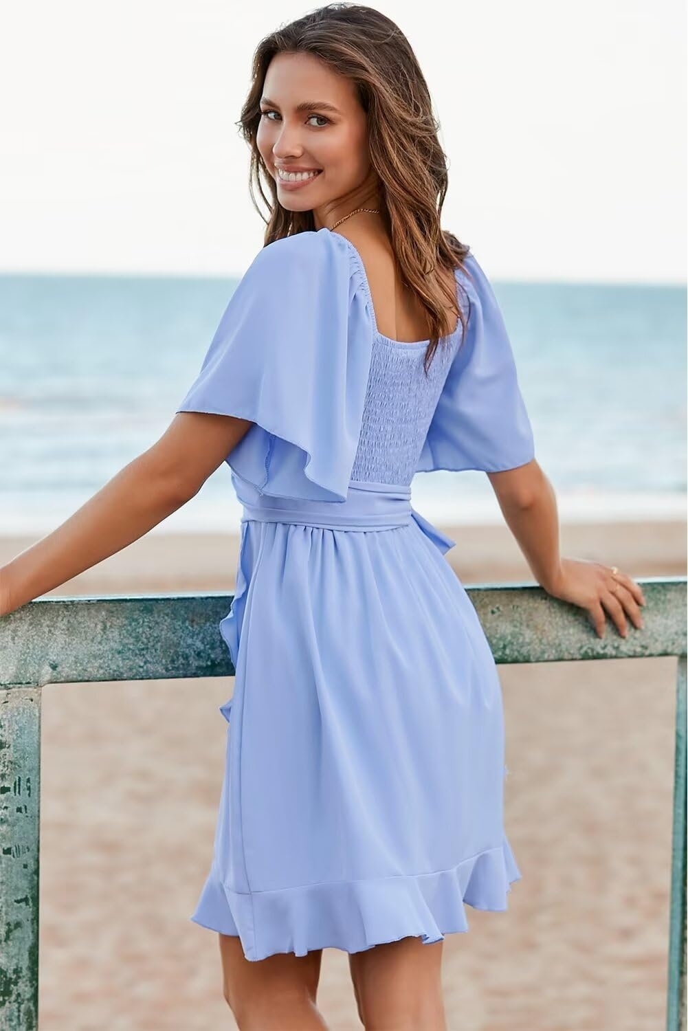 image:imageDokotoo Womens Wrap V Neck Short Flared Sleeve Wedding Guest Dress Smocked Elastic Waist Tiered Belted Ruffle Hem Mini DressSky Blue