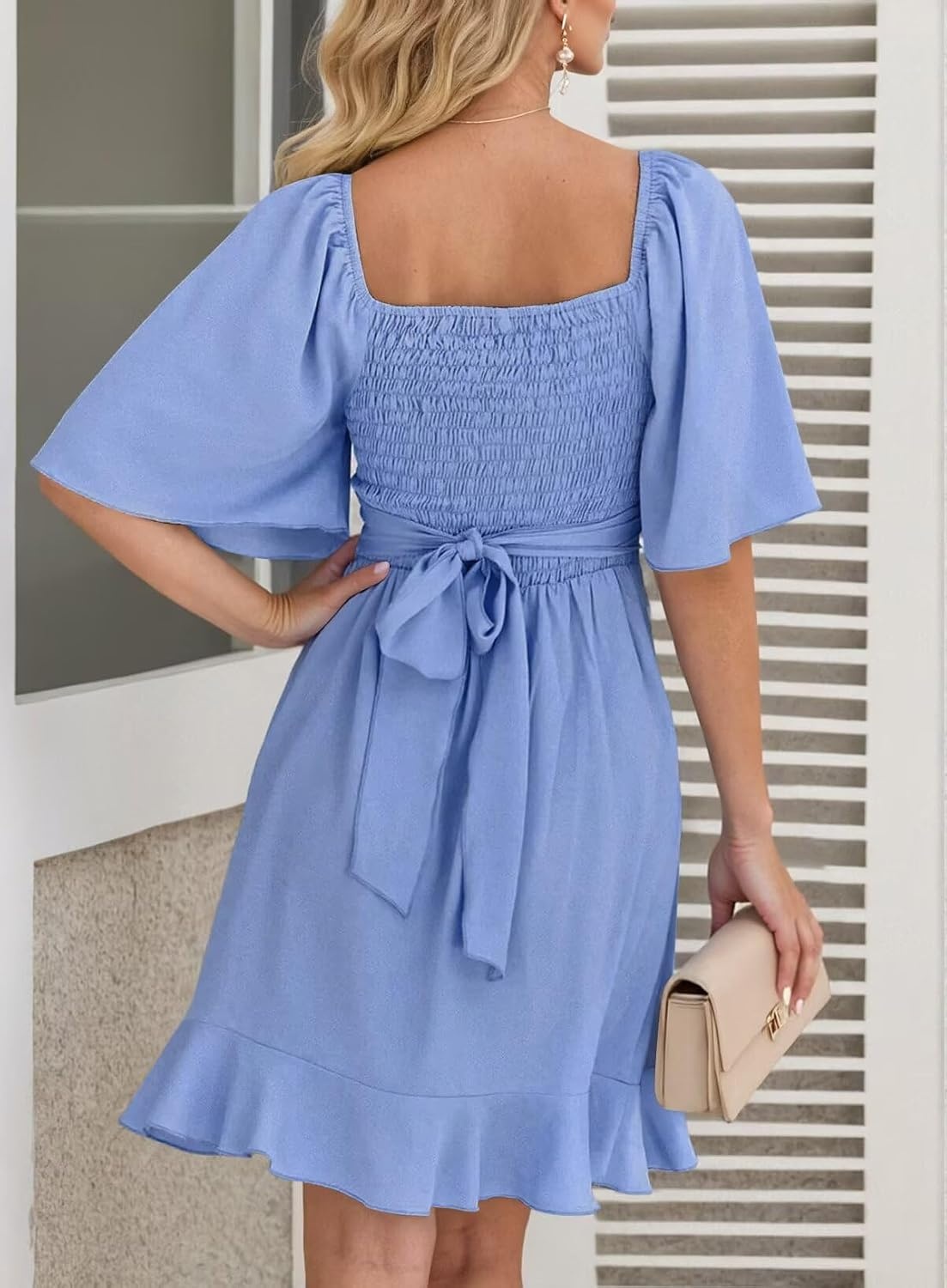 image:imageDokotoo Womens Wrap V Neck Short Flared Sleeve Wedding Guest Dress Smocked Elastic Waist Tiered Belted Ruffle Hem Mini DressSky Blue
