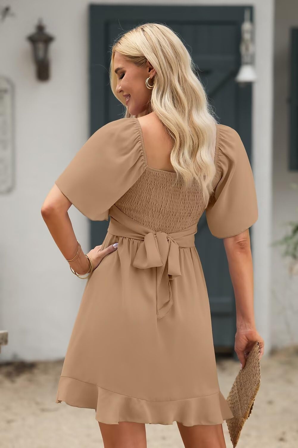 image:imageDokotoo Womens Wrap V Neck Short Flared Sleeve Wedding Guest Dress Smocked Elastic Waist Tiered Belted Ruffle Hem Mini DressSmoke Gray