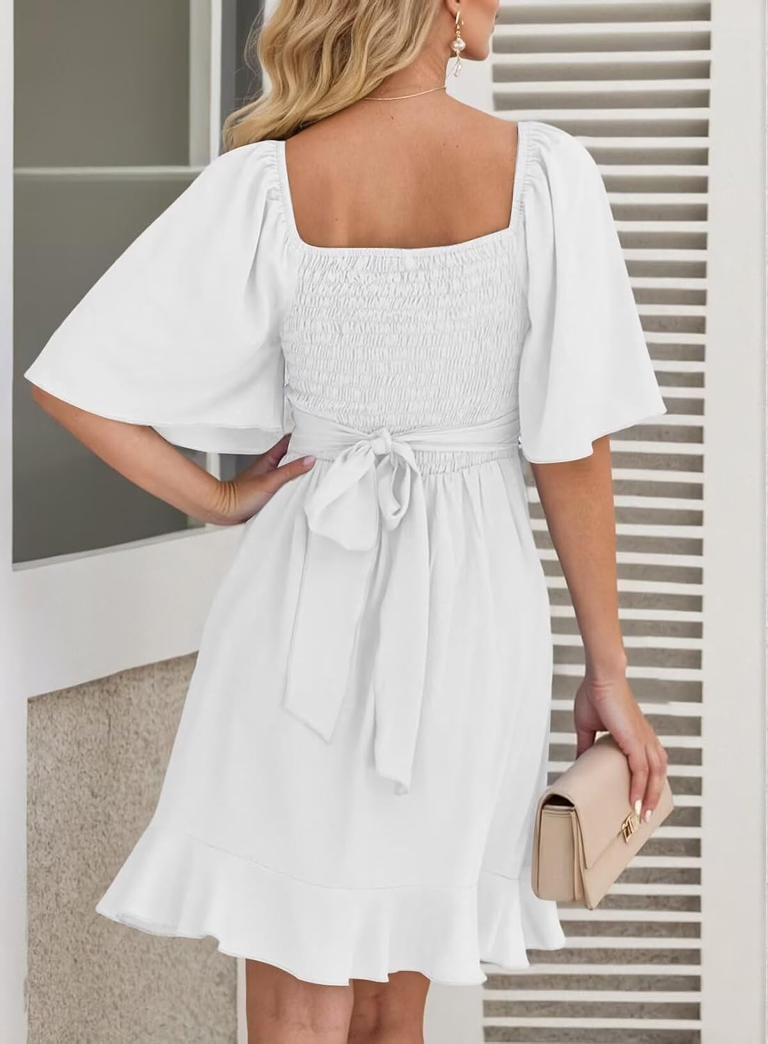 image:imageDokotoo Womens Wrap V Neck Short Flared Sleeve Wedding Guest Dress Smocked Elastic Waist Tiered Belted Ruffle Hem Mini DressWhite