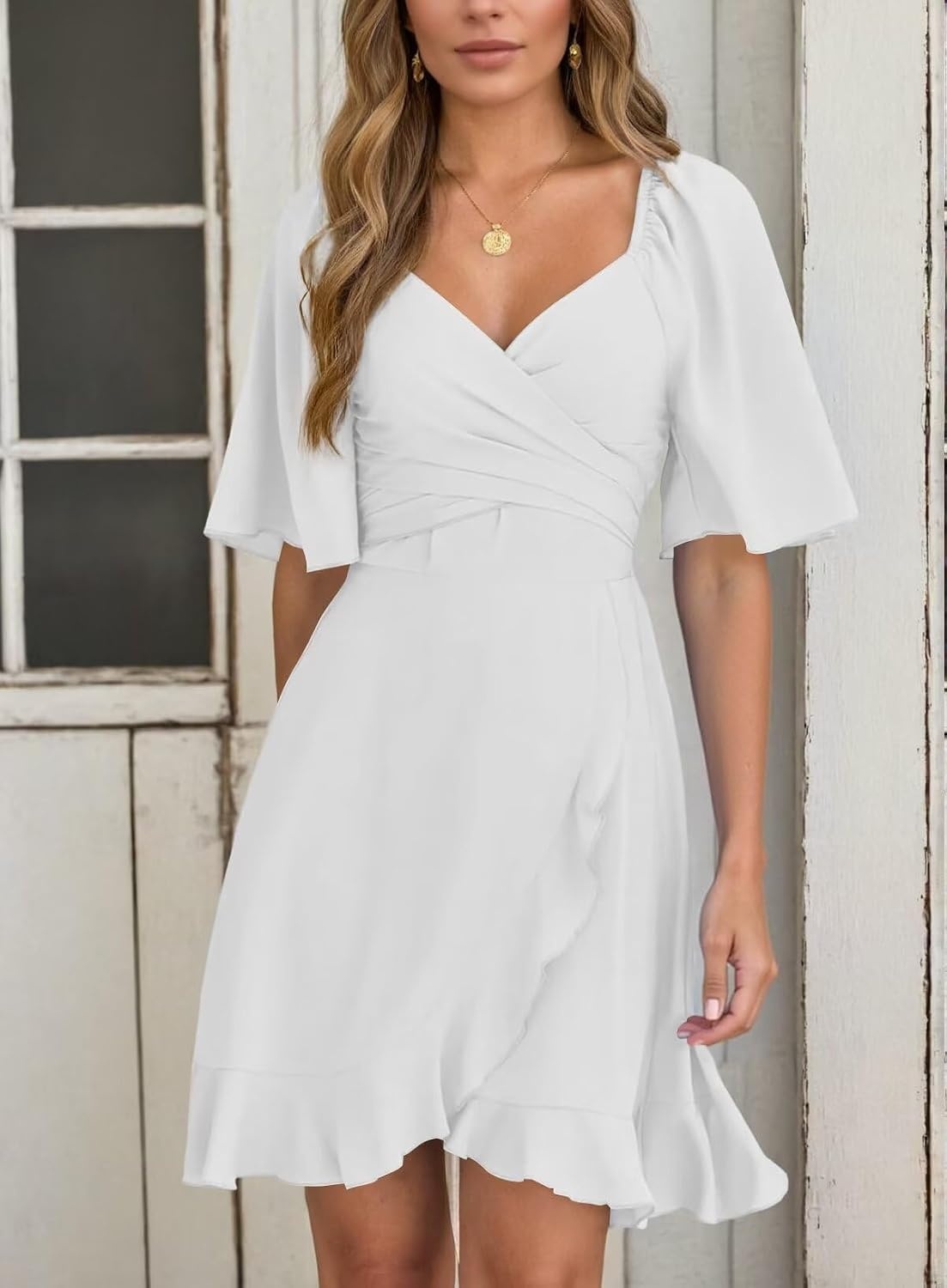 image:imageDokotoo Womens Wrap V Neck Short Flared Sleeve Wedding Guest Dress Smocked Elastic Waist Tiered Belted Ruffle Hem Mini DressWhite