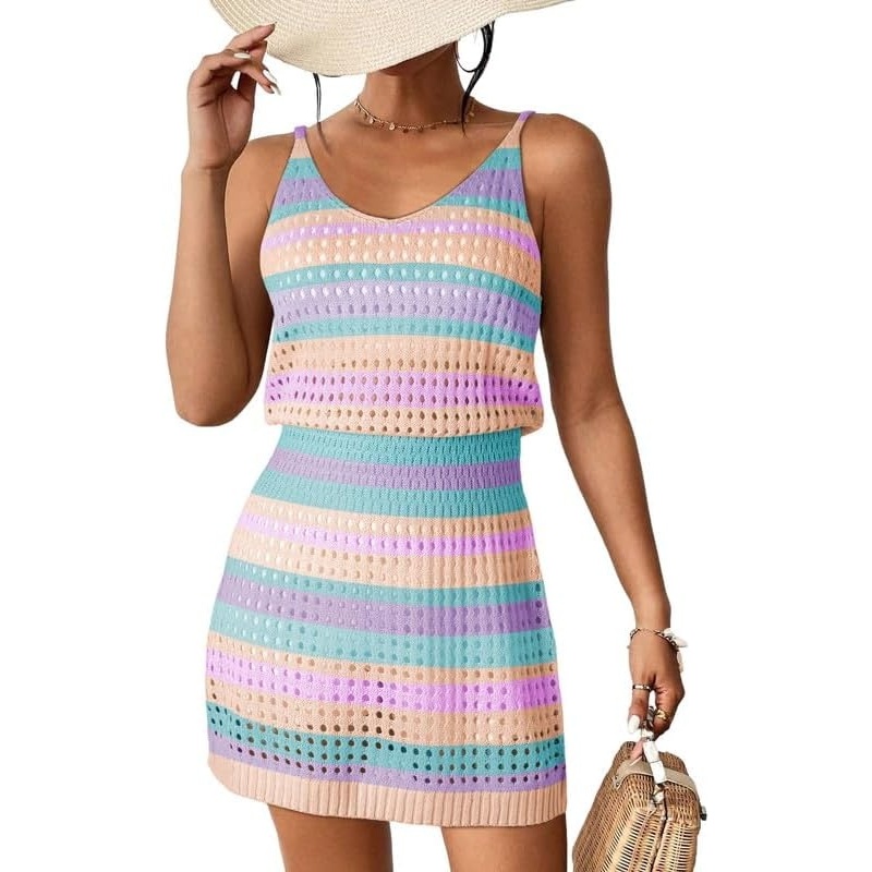 image:imageDokotoo Beach Cover Ups for Women 2026 Crochet Knit Coverup DressPink Stripes